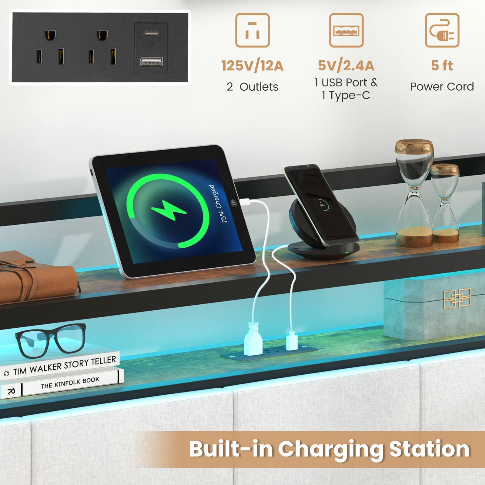 125V/12A, 5V/2.4A, 1 USB Port & 1 Type-C, 5ft Power Cord, Charged, 75%, Built-in Charging Station, STORY TELLER, Q TIM WALKER, KINFOLK BOOK, THE R