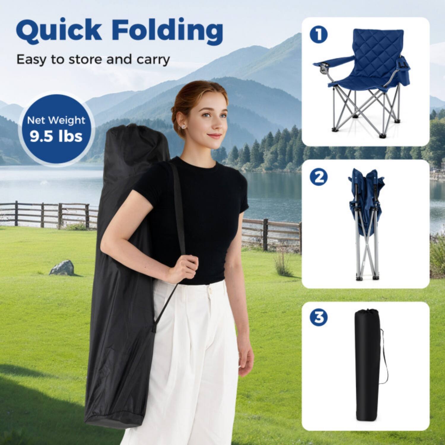 Quick Folding  
Easy to store and carry  

Net Weight 9.5 lbs  

1  
2  
3