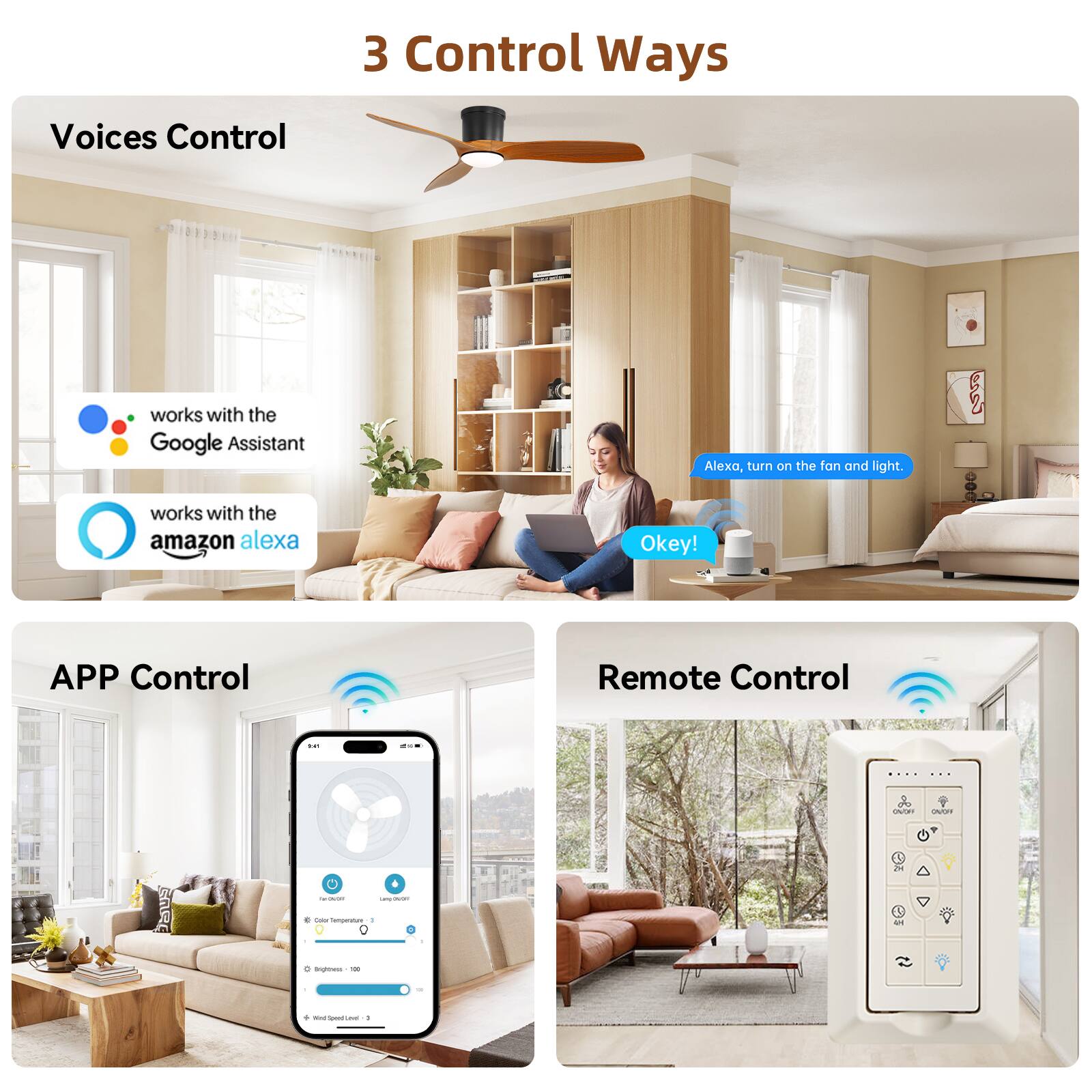 3 Control Ways

Voices Control
- works with the Google Assistant
- works with the amazon alexa
Alexa, turn on the fan and light.
Okay!

APP Control

Remote Control
