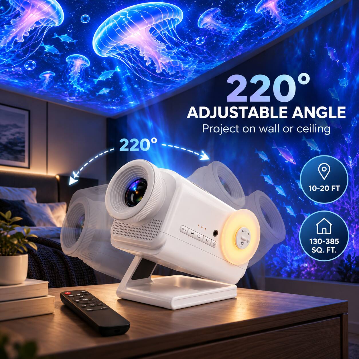 220° ADJUSTABLE ANGLE  
Project on wall or ceiling  
10-20 FT  
130-385 SQ. FT.