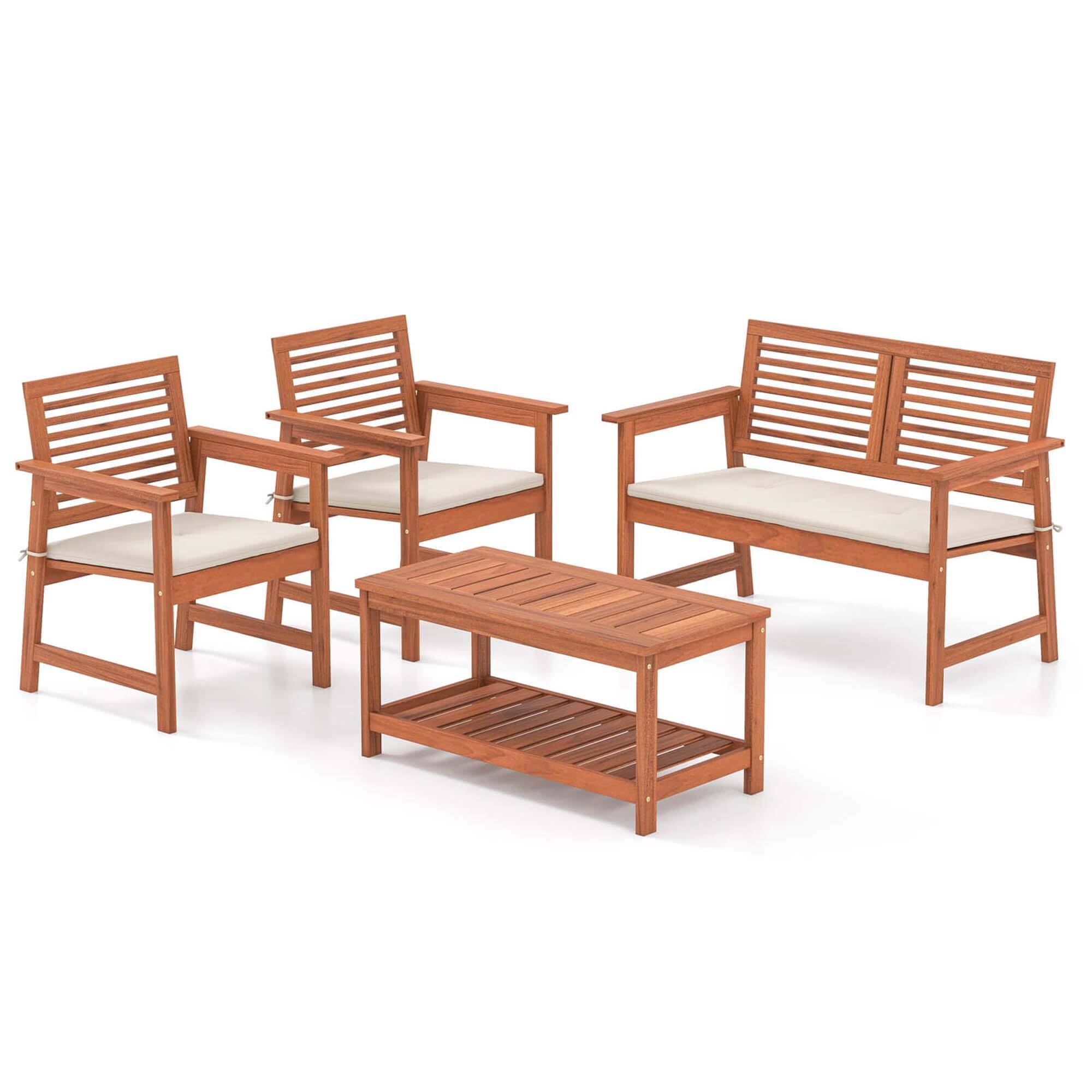 Alt View 8. Costway - 4 PCS Patio Conversation Set with Soft Seat Cushions 2-Tier Rectangle Coffee Table - Natural + Off White.