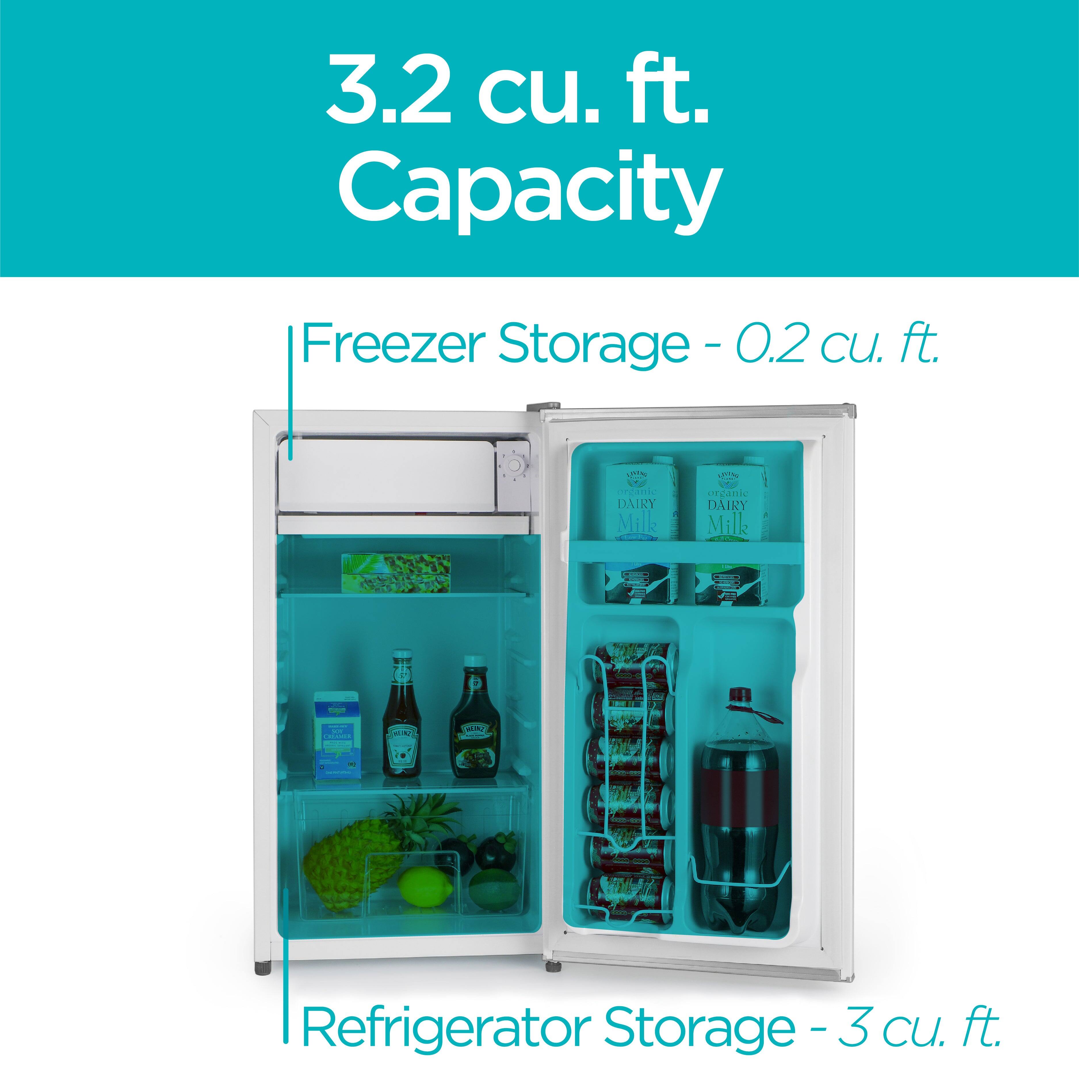 3.2 cu. ft. Capacity
Freezer Storage - 0.2 cu. ft.
Refrigerator Storage - 3 cu. ft.