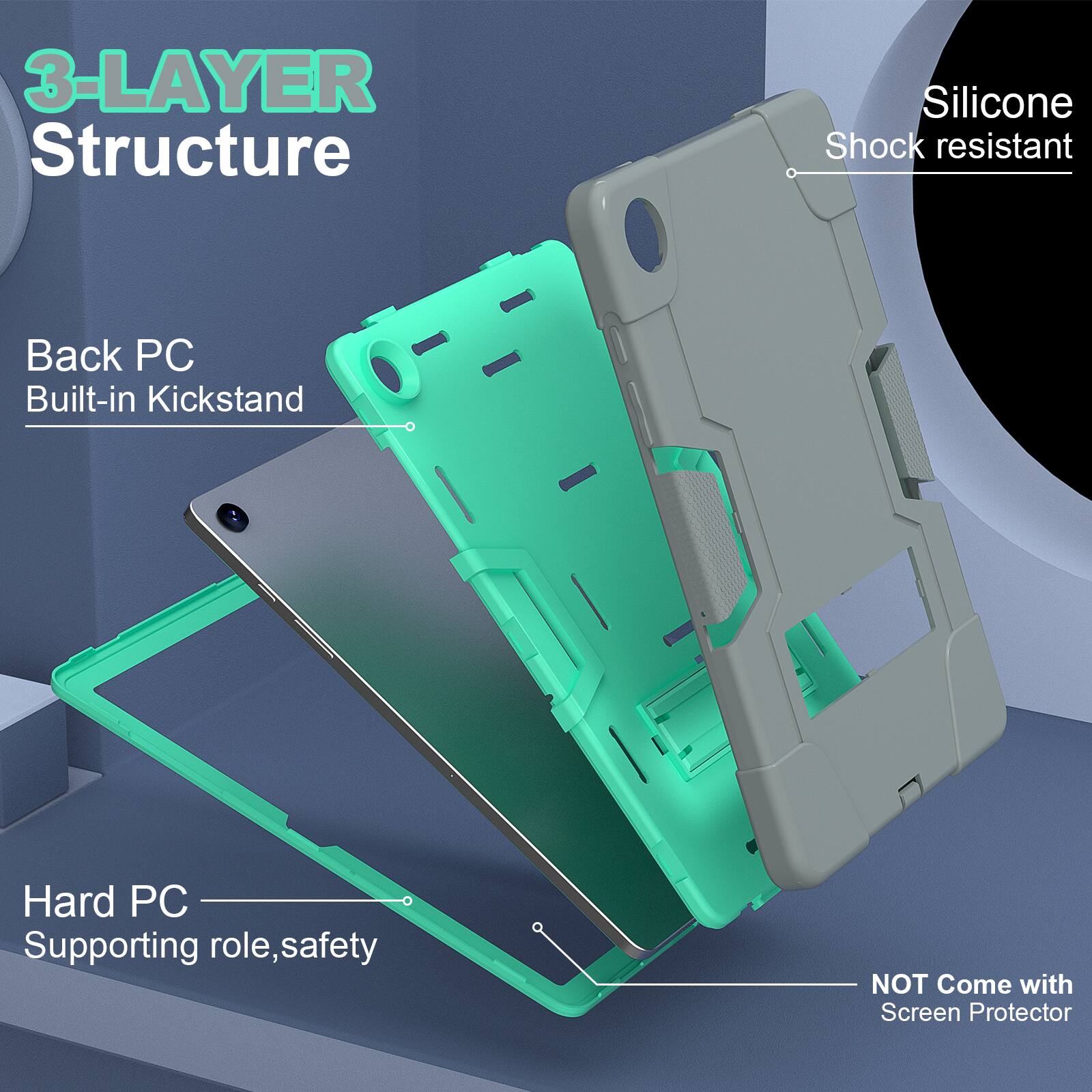3-LAYER Structure Silicone Shock resistant Back PC Built-in Kickstand Hard PC Supporting role, safety NOT Come with Screen Protector