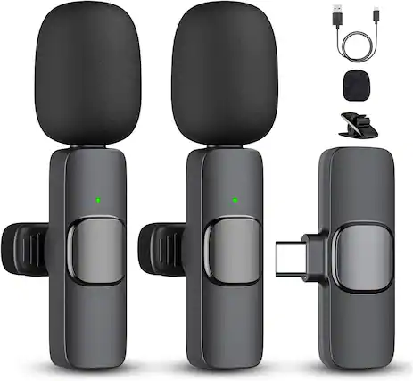 Front. PRIMEPLUS - 2-Pack Wireless Lavalier Microphone Set, USB-C & Lightning Compatible, Plug & Play with Noise Cancellation, 65 ft Range.