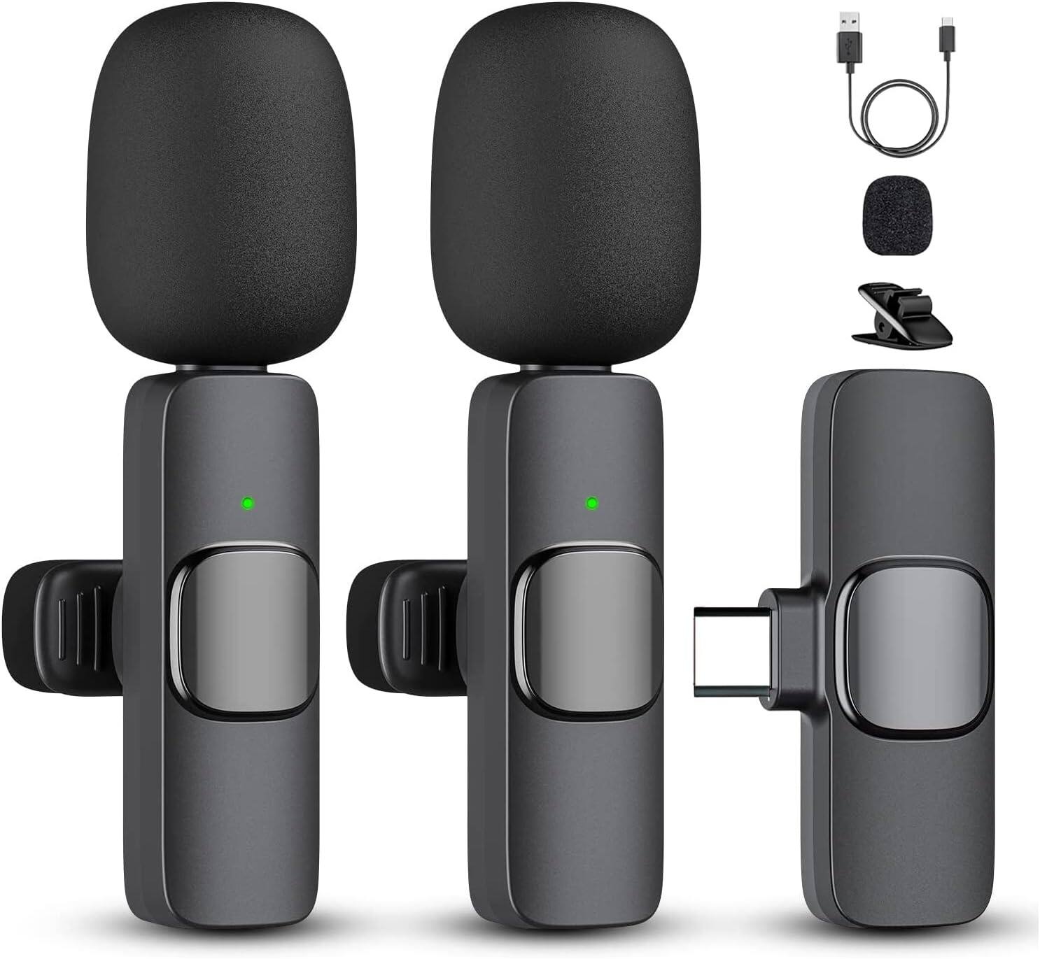 Front. PRIMEPLUS - 2-Pack Wireless Lavalier Microphone Set, USB-C & Lightning Compatible, Plug & Play with Noise Cancellation, 65 ft Range.