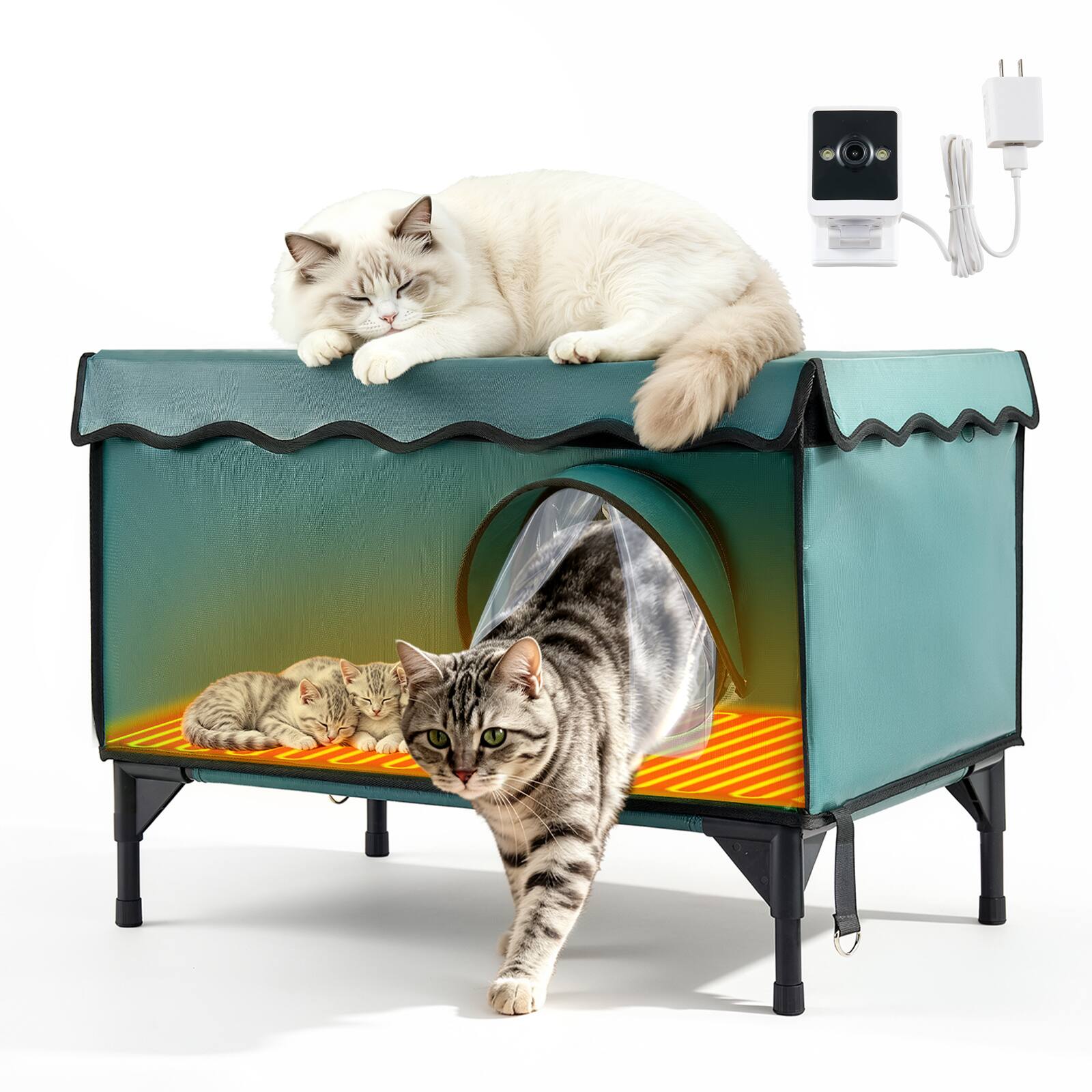 Front. VEVOR - Elevated Heated Cat House 25.4W Insulated Kitty Shelter with Camera,for Indoor Outdoor Winter Use, 2-Door & Private Side - Blue.