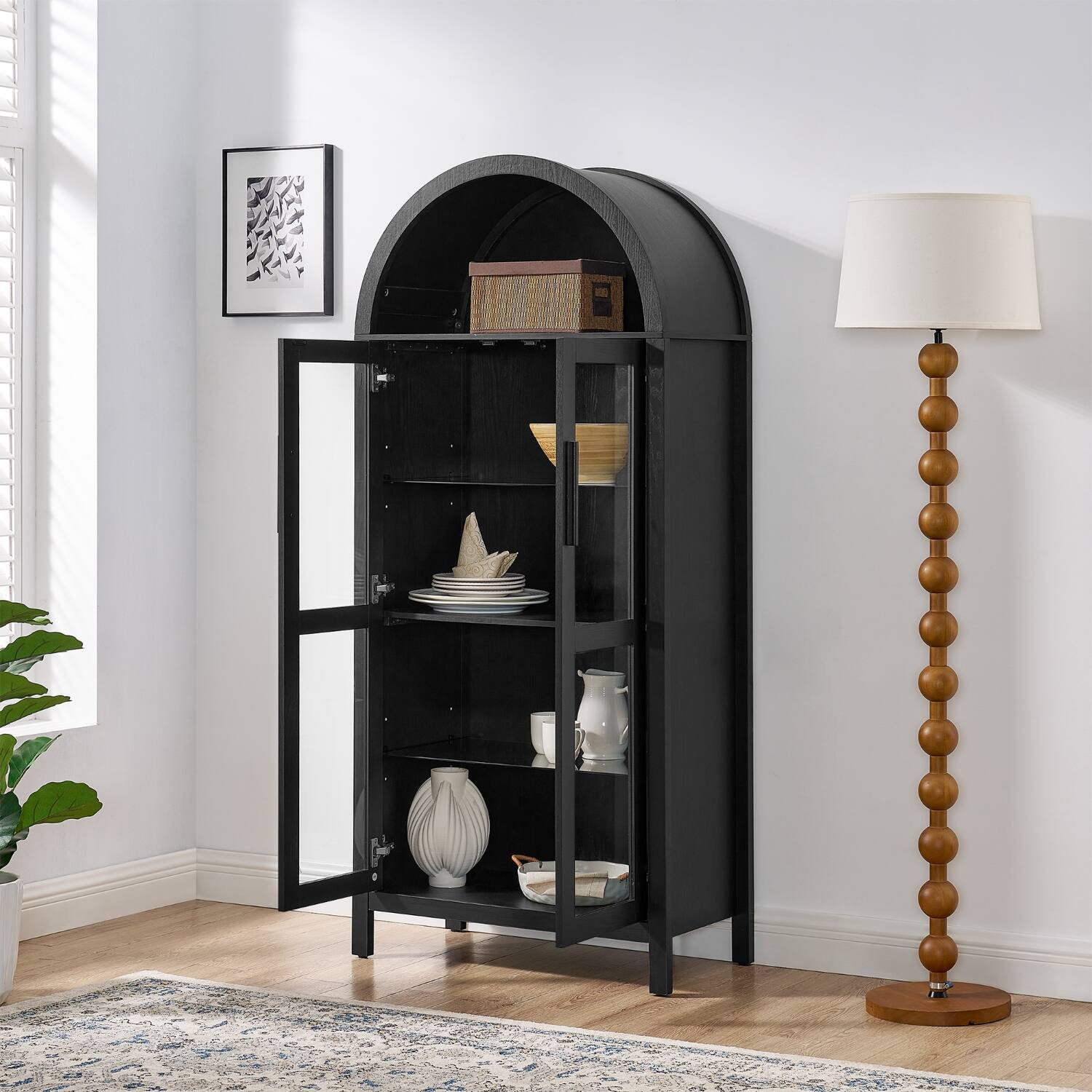 Angle. Lirago - Black Arched Accent Cabinet with Doors Adjustable Glass Partitions 15.5"D x 30"W x 67"H - Black.