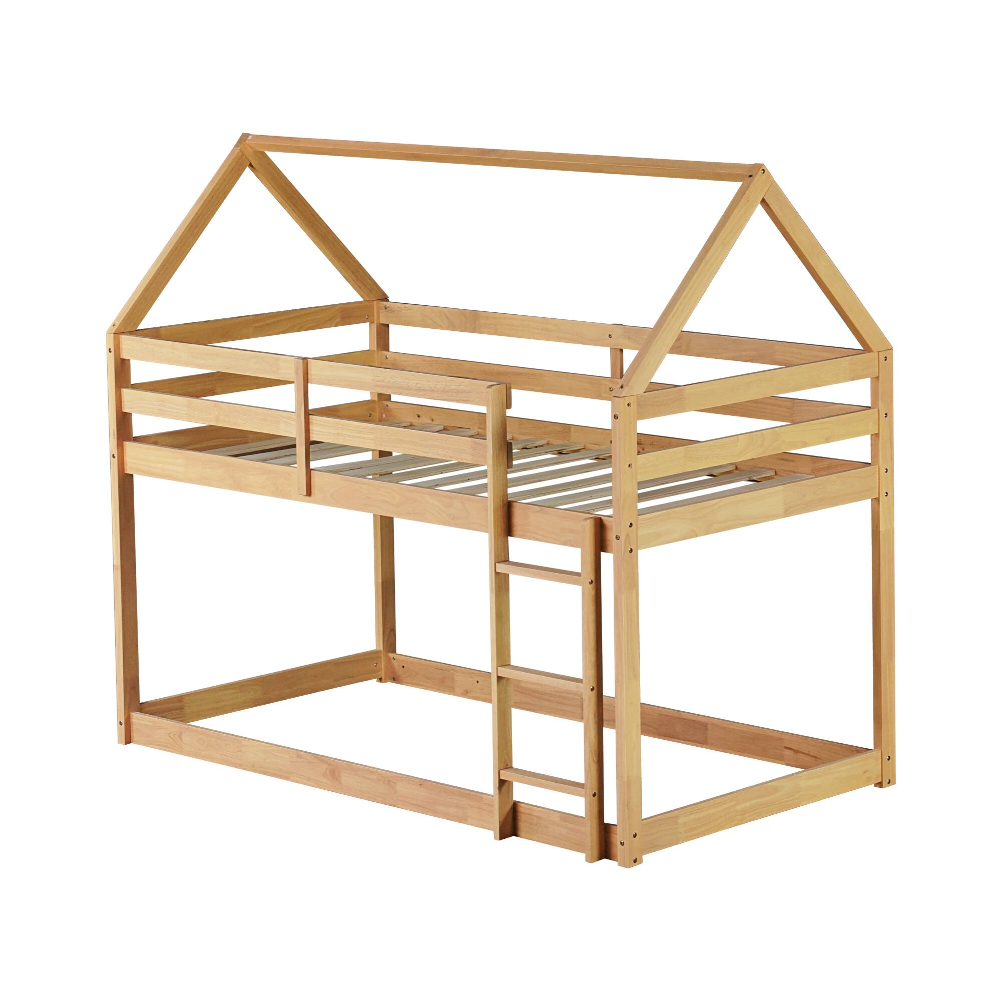 Alt View 1. GOODSILO - House-Shaped Twin Over Twin Rubber Wood Bunk Bed with Ladder and Guardrails for Kids - White+Oak.