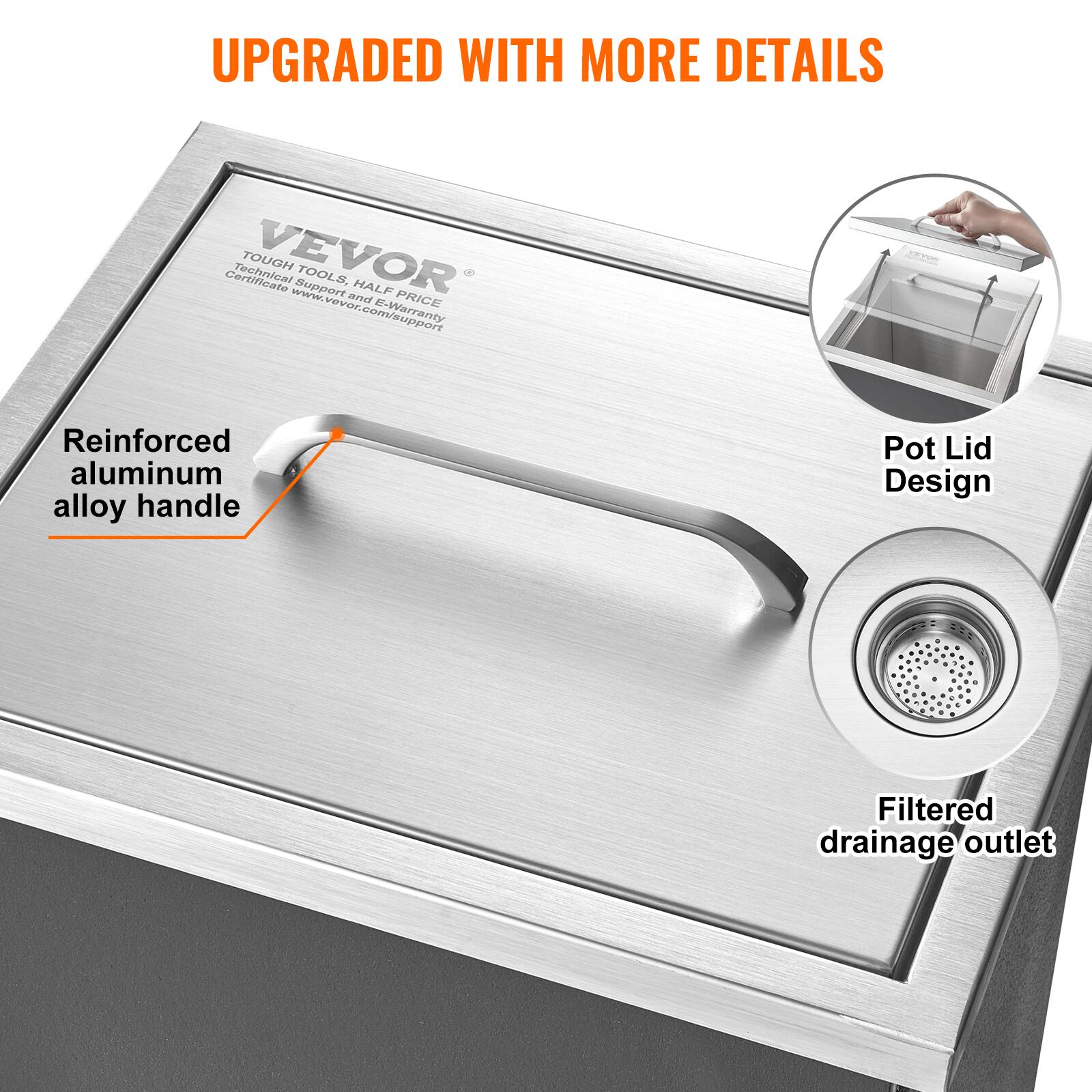 UPGRADED WITH MORE DETAILS

- Reinforced aluminum alloy handle
- Pot Lid Design
- Filtered drainage outlet

Certificate TOUGH VEVOR
Technical Supplies, HALF PRICE
E-Warranty
www.vevor.com/support