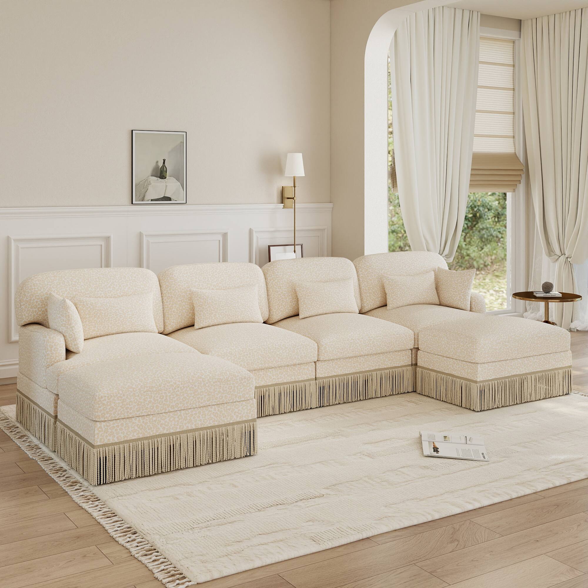 Left. Anysun - 131" Comfy Chenille Leopard Print U-Shaped Modern Fashion Sofa – Delicate Tassel Edge, Movable Ottomans, Easy Assembly - Beige.