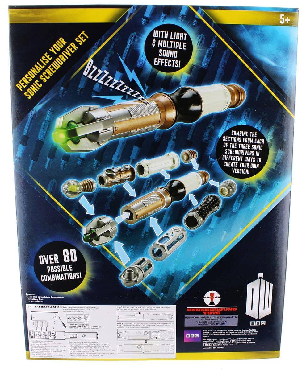 Set with light your sonic screwdriver! Multiple sound effects! Personalise your sonic screwdriver set. Combine the sections from each of the three sonic screwdrivers in different ways to create your own version! Over 80 possible combinations! 

Components - Battery - Instructions

Battery installation:

1. Screw the battery unit into the screwdriver.
2. Insert the battery.
3. Screw the battery cover back on.

Underground Toys
BBC
