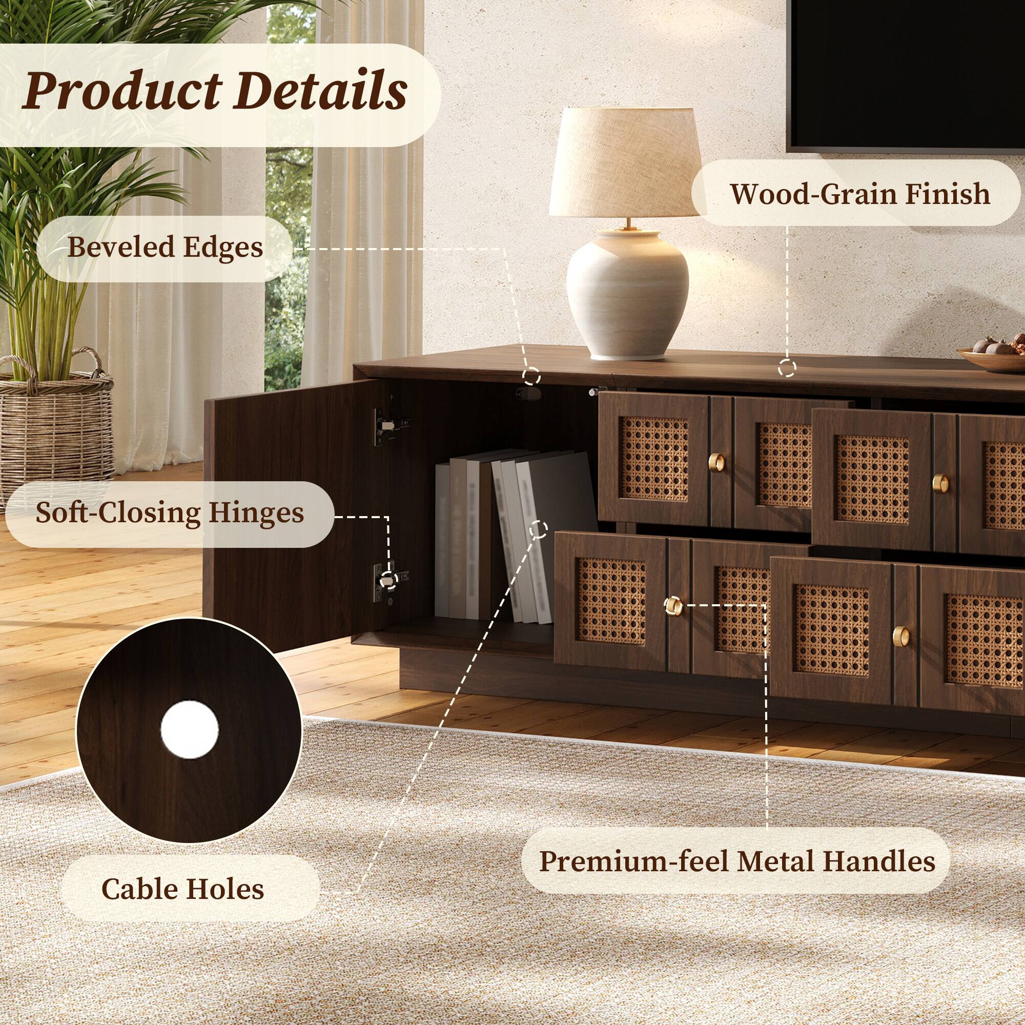 Product Details
- Wood-Grain Finish
- Beveled Edges
- Soft-Closing Hinges
- Cable Holes
- Premium-feel Metal Handles