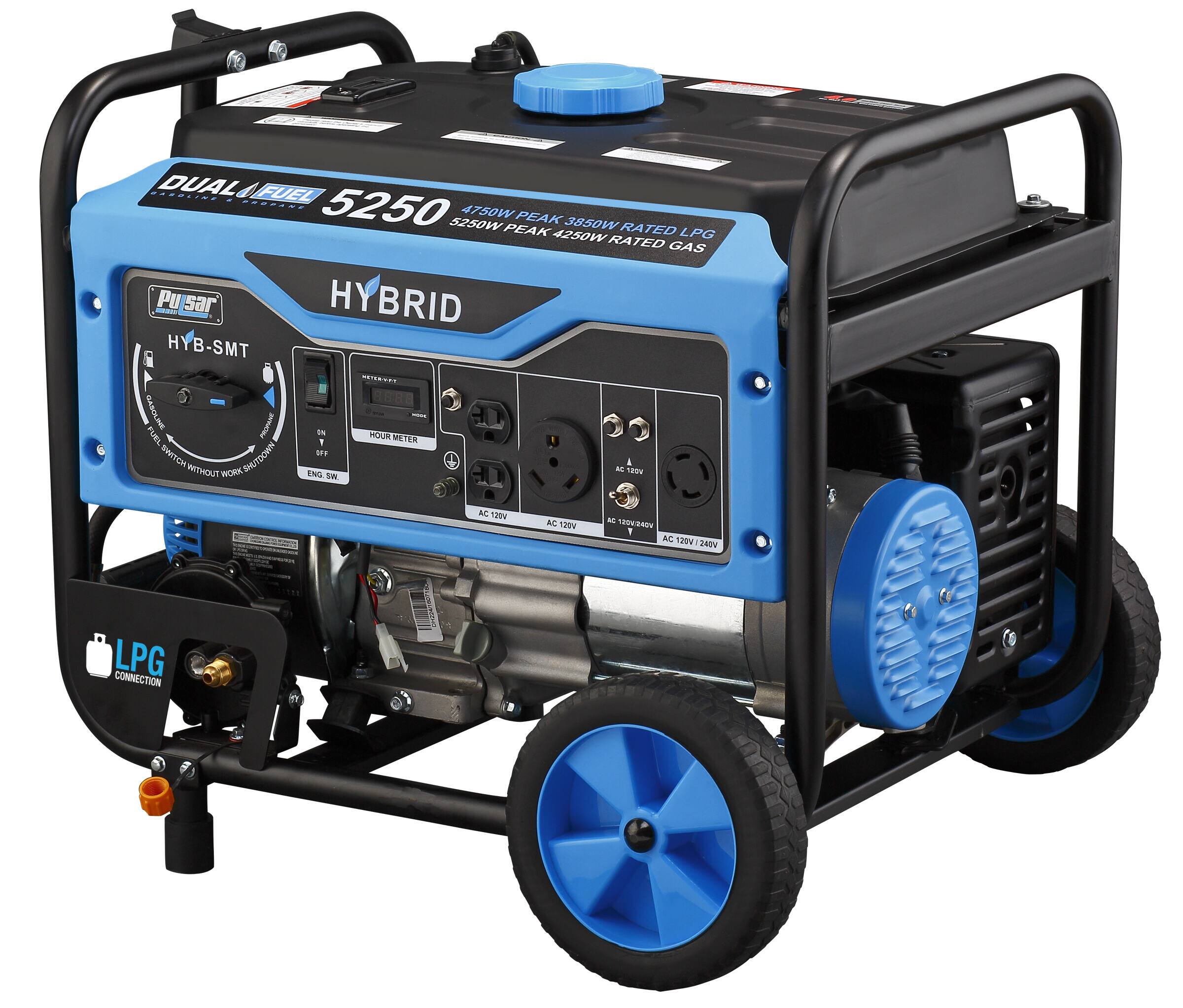 DUAL FUEL 5250  
4750W PEAK 5250W PEAK  
3850W RATED LPG  
4250W RATED GAS  

HYBRID  
HYB-SMT  

PUSSAR  

HOUR METER  

LPG CONNECTION  

AC 120V  
AC 120V/240V  

ENG. SW.  

AC 120V  
AC 120V/240V  

LPG  
GAS
