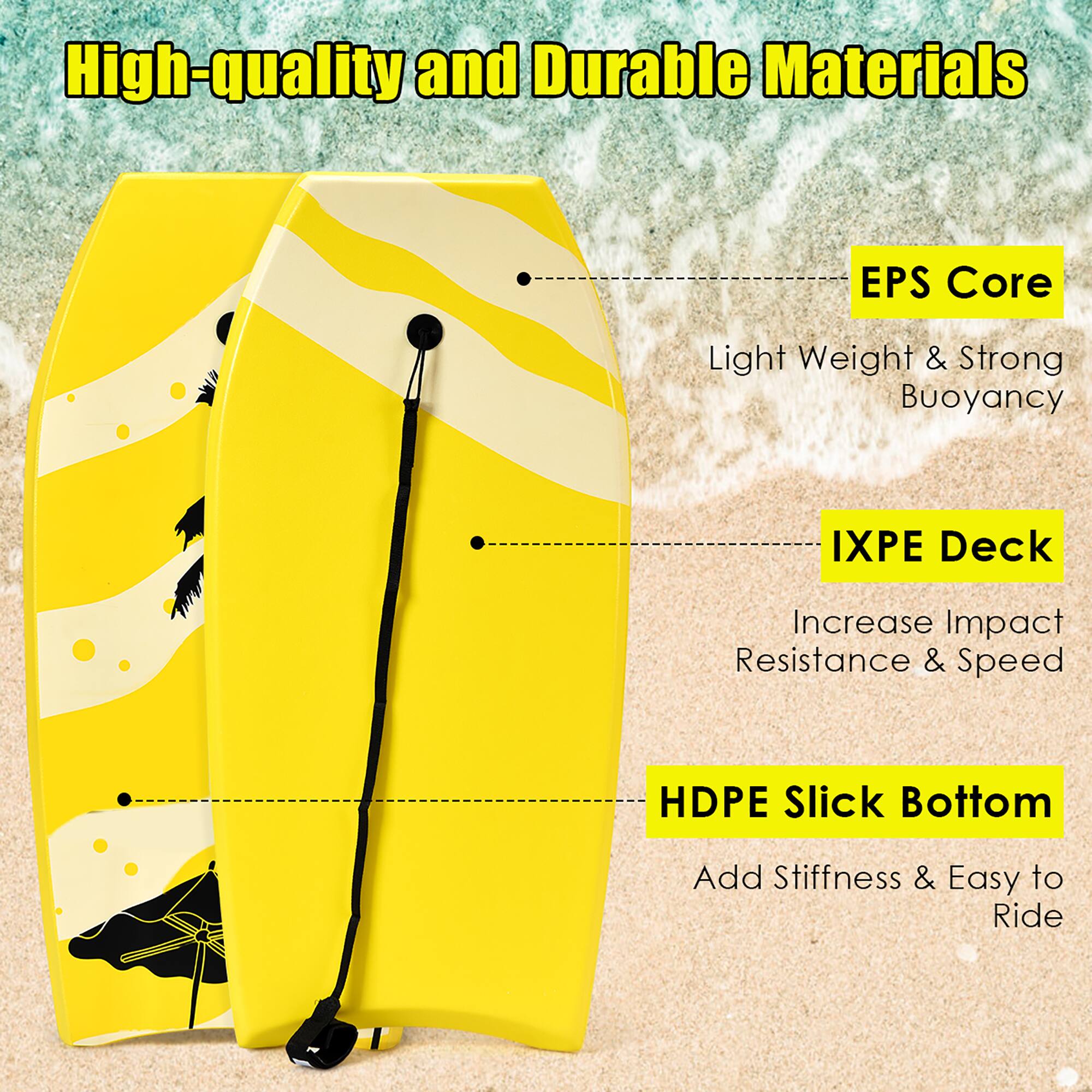 High-quality and Durable Materials

- EPS Core: Light Weight & Strong Buoyancy
- IXPE Deck: Increase Impact Resistance & Speed
- HDPE Slick Bottom: Add Stiffness & Easy to Ride