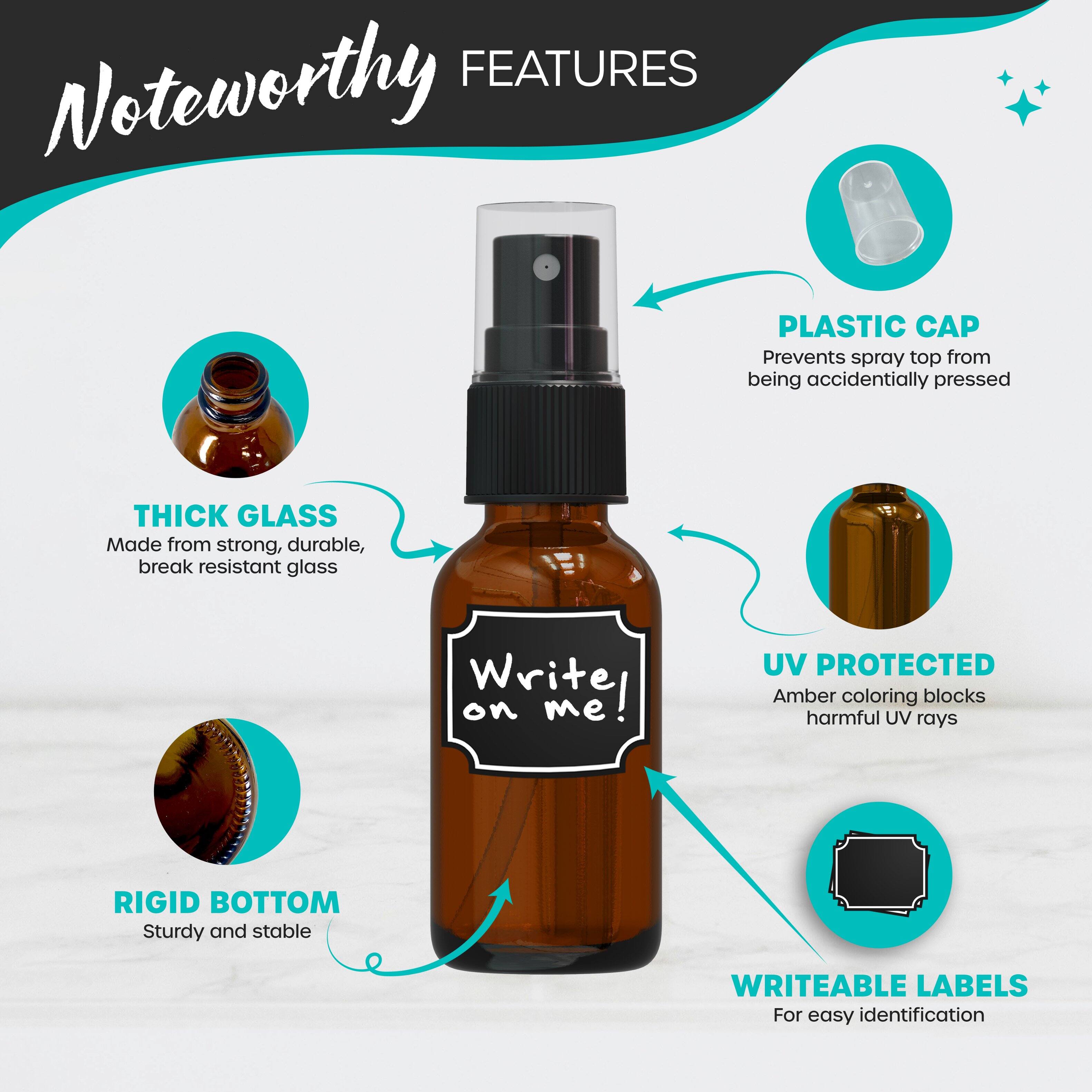**Noteworthy Features**

- **Plastic Cap**: Prevents spray top from being accidentally pressed
- **Thick Glass**: Made from strong, durable, break resistant glass
- **UV Protected**: Amber coloring blocks harmful UV rays
- **Rigid Bottom**: Sturdy and stable
- **Writeable Labels**: For easy identification