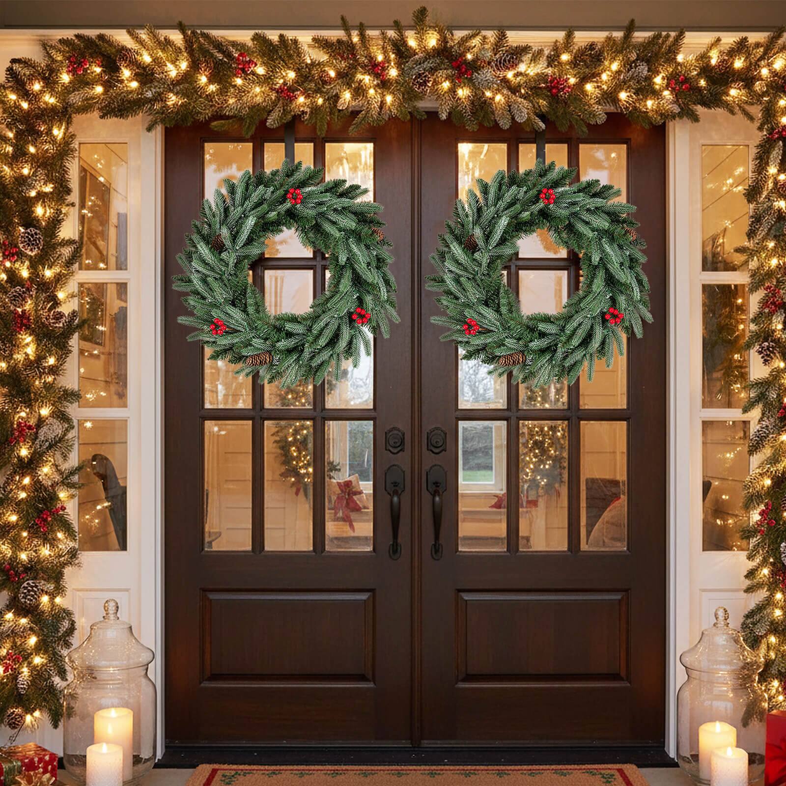 Alt View 3. Costway - Costway 2 PCS 24" Pre-lit Christmas Wreath Front Door Artificial Xmas Wreath with Red Berries - Green.