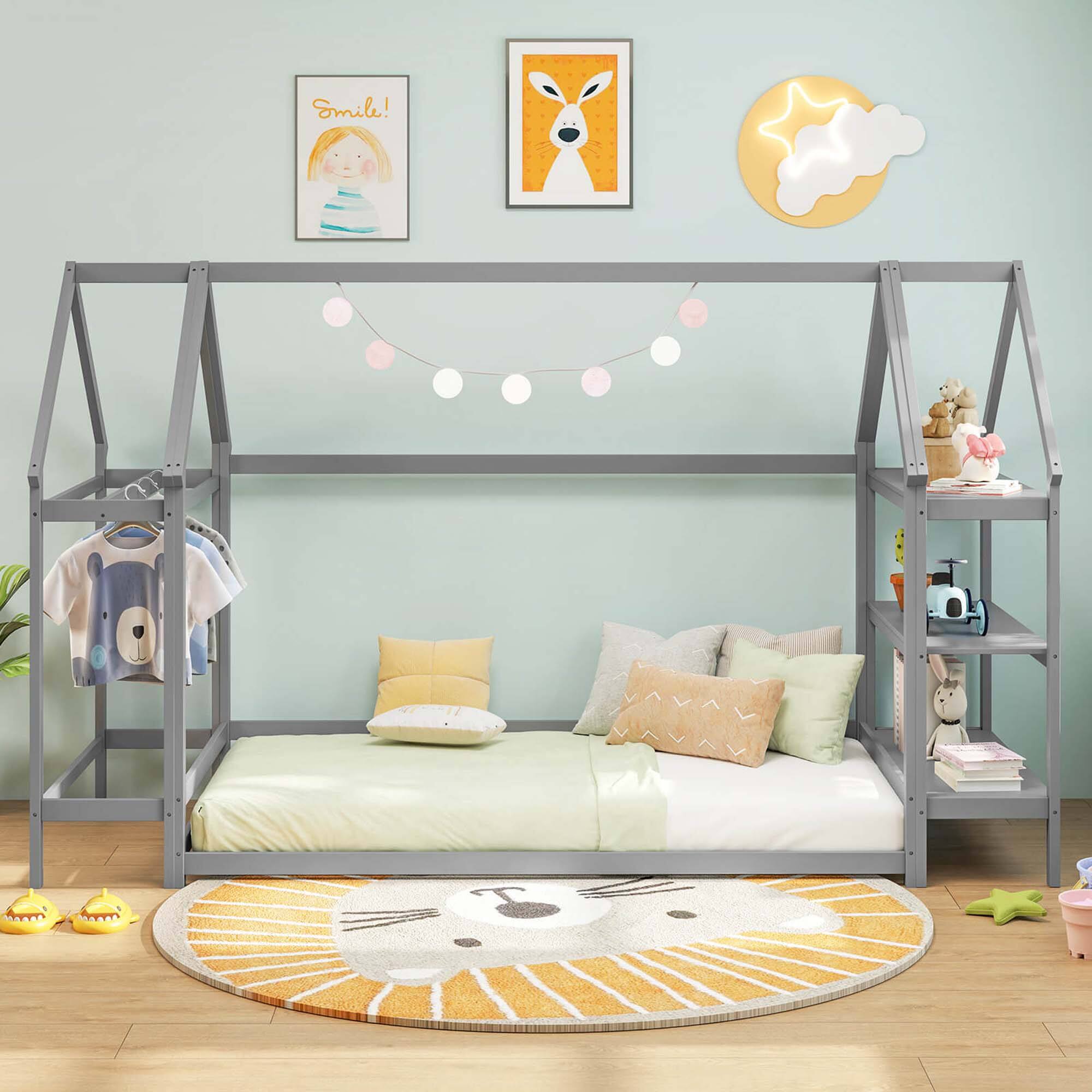 Alt View 1. Costway - Twin Size House Bed Montessori Floor Bed with Detachable Storage Shelves - Gray.