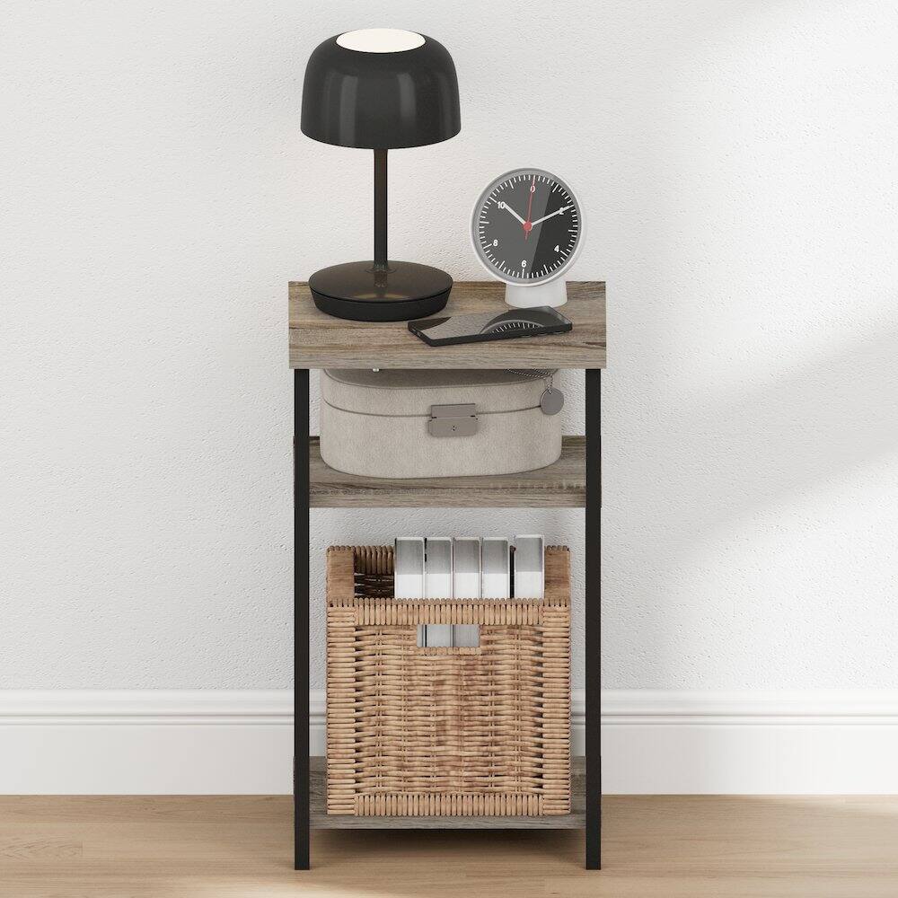 Back. Furinno - JUST Night Stand, Nightstand, 3-Tier Metal Frame End Table with Open Shelf, Side Table, End Table - French Oak.