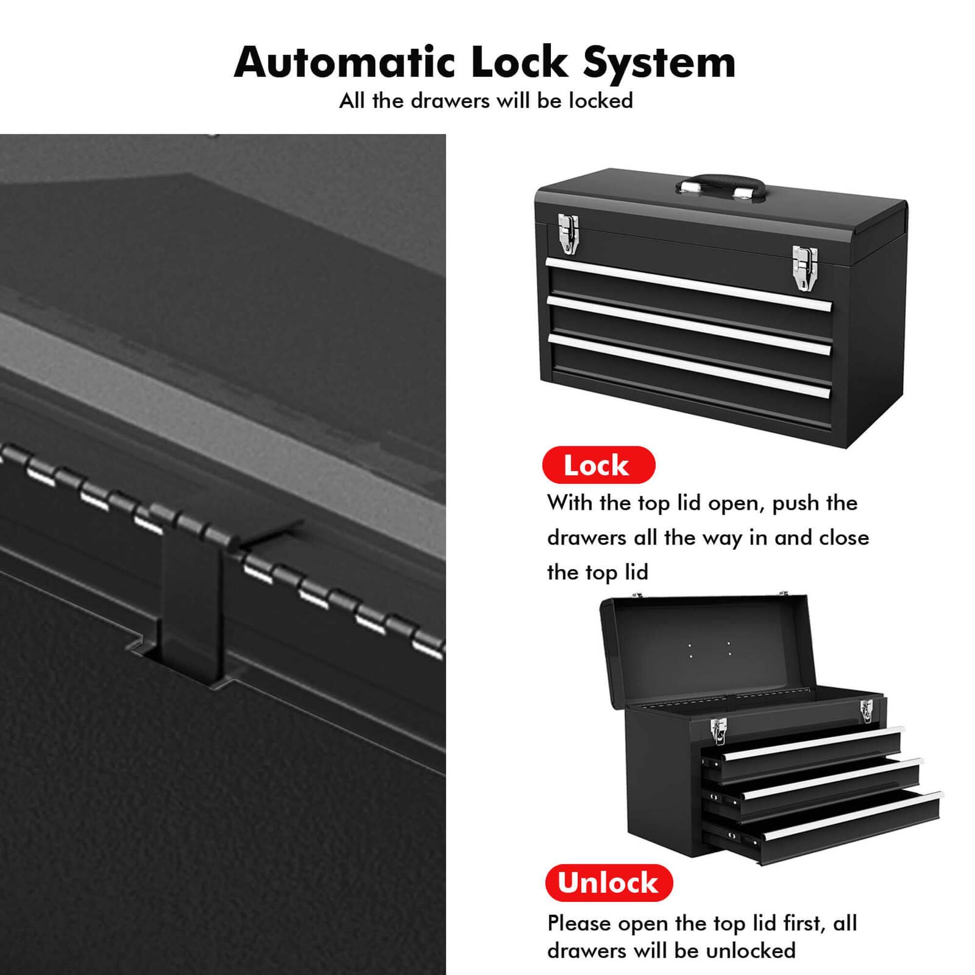 Automatic Lock System

All the drawers will be locked

Lock
With the top lid open, push the drawers all the way in and close the top lid

Unlock
Please open the top lid first, all drawers will be unlocked