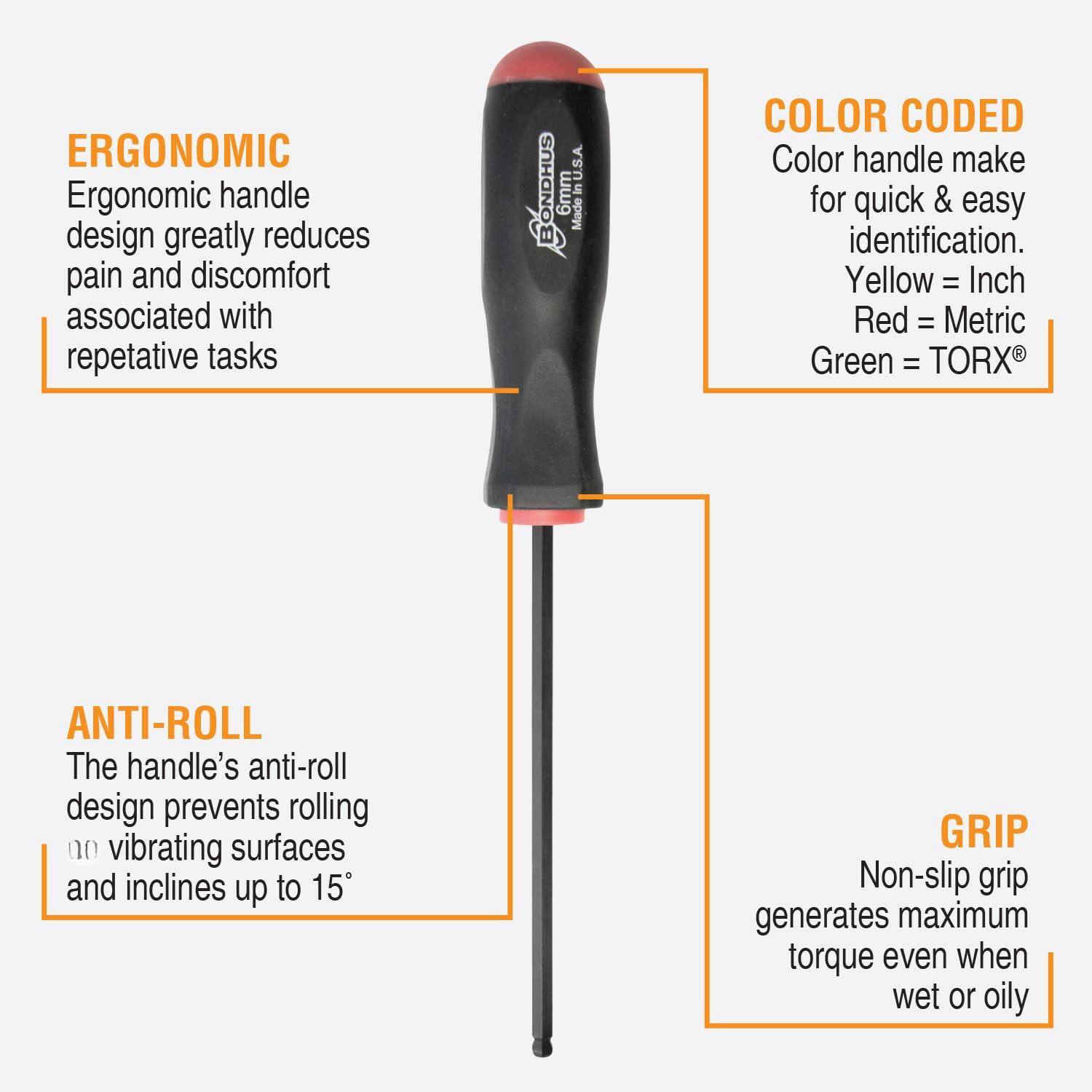ERGONOMIC  
Ergonomic handle design greatly reduces pain and discomfort associated with repetitive tasks  

COLOR CODED  
Color handle makes for quick & easy identification.  
Yellow = Inch  
Red = Metric  
Green = TORX®  

ANTI-ROLL  
The handle's anti-roll design prevents rolling on vibrating surfaces and inclines up to 15°  

GRIP  
Non-slip grip generates maximum torque even when wet or oily
