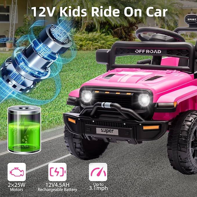 12V Kids Ride On Car  
SPORT OFFROAD  
super  

2x25W Motors  
12V 4.5AH Rechargeable Battery  
Up to 3.1 mph