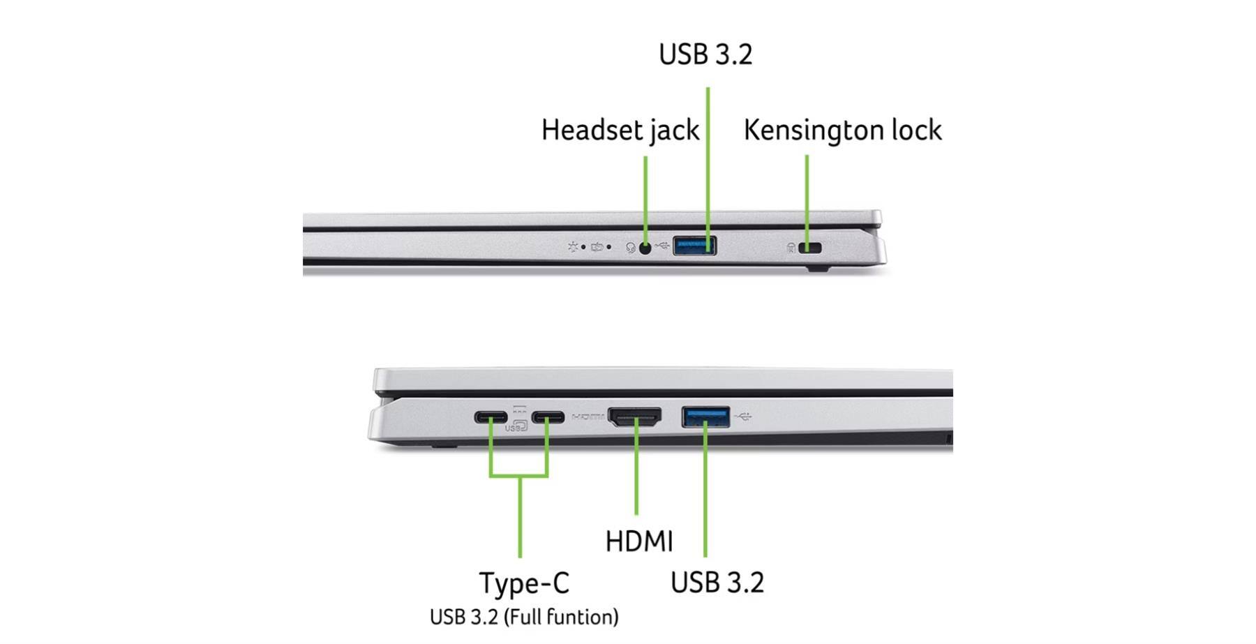 USB 3.2  
Headset jack  
Kensington lock  

USB 3.2  
HDMI  
Type-C  
USB 3.2 (Full function)