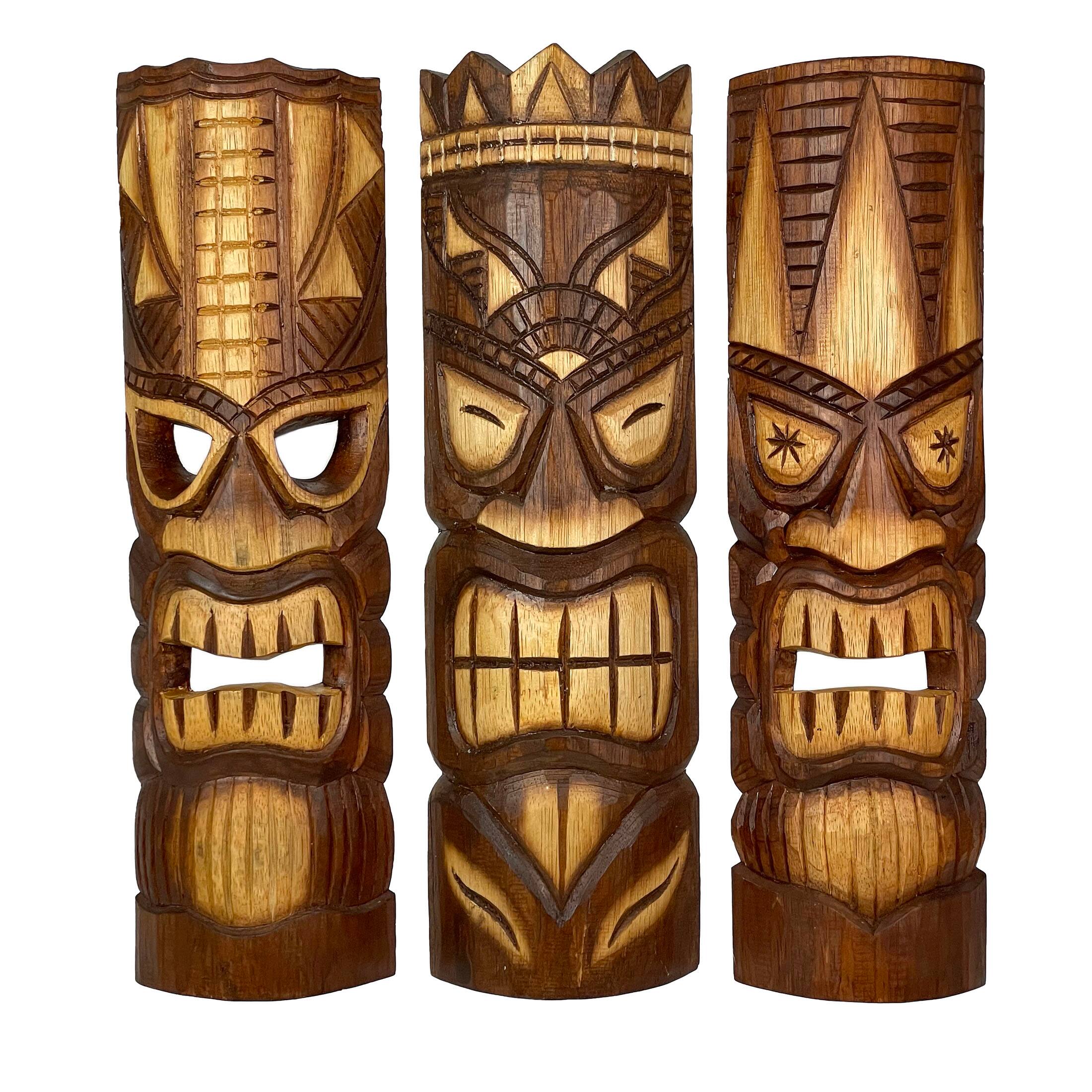 Front. Zeckos - 20 Inch Carved Wood Tiki God Masks Tropical Beach Hawaiian Home Decor Set of 3 - Brown.