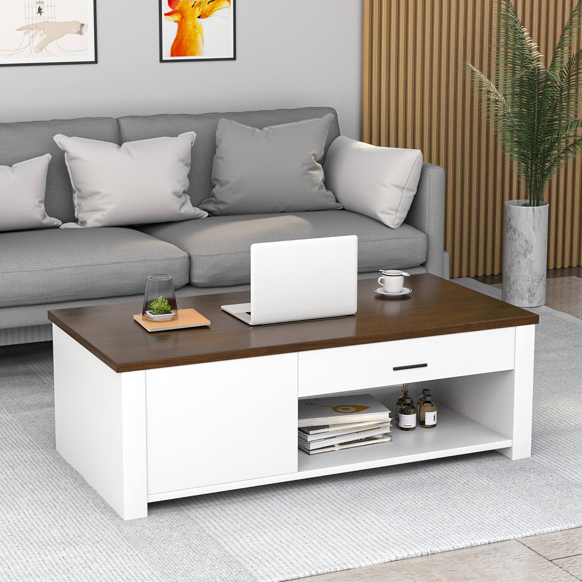 Left. Costway - Modern Coffee Table Living Room Coffee Table W/ Storage Drawers & Compartments - Brown/White.
