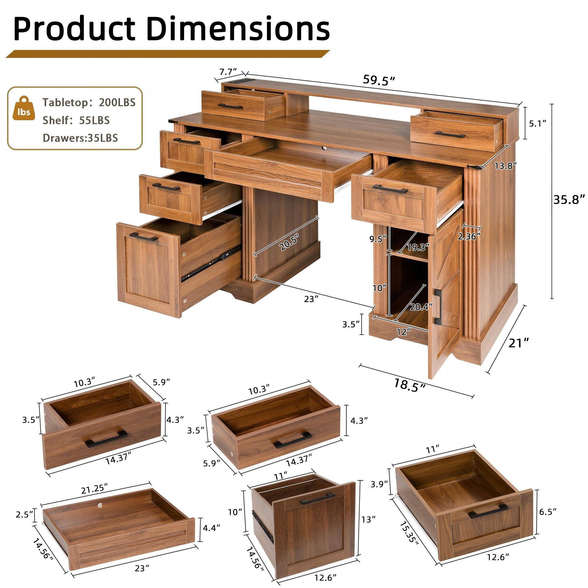 Product Dimensions

Tabletop: 200LBS  
Shelf: 55LBS  
Drawers: 35LBS

- 7.7"  
- 59.5"  
- 5.1"  
- 13.8"  
- 35.8"  
- 20.5"  
- 9.5"  
- 19.3"  
- 2.36"  
- 23"  
- 10"  
- 20.4"  
- 3.5"  
- 12"  
- 21"  
- 10.3"  
- 5.9"  
- 10.3"  
- 18.5"  
- 3.5"  
- 4.3"  
- 3.5"  
- 4.3"  
- 14.37"  
- 21.25"  
- 5.9"  
- 14.37"  
- 11"  
- 3.9"  
- 11"  
- 2.5