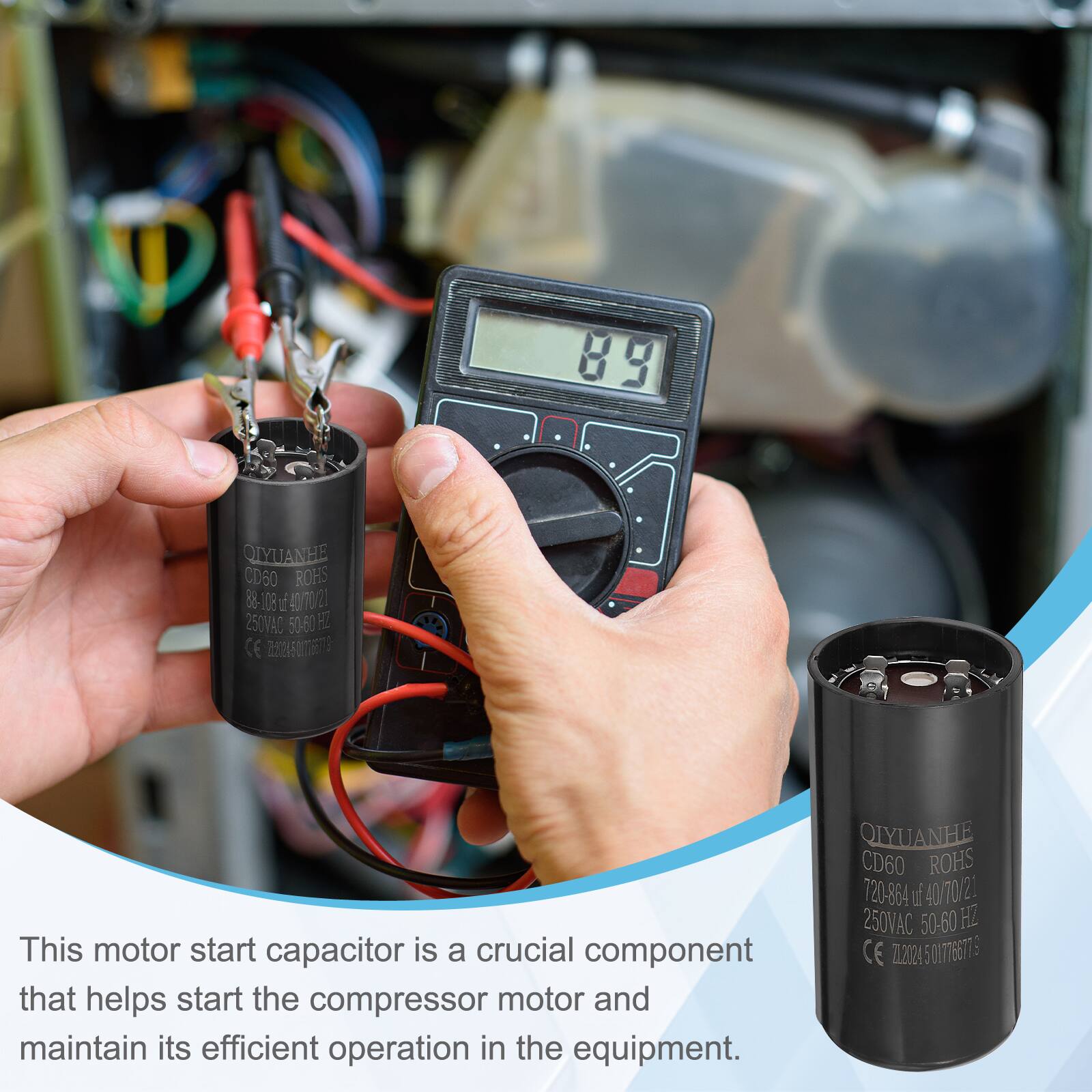 89 QIYUANHE CD60 ROHS 88-108 L 40/70 20 250VAD 50.60 HE CE 206

This motor start capacitor is a crucial component that helps start the compressor motor and maintain its efficient operation in the equipment.

QIYUANHE CD60 ROHS 720-864 I 40 10/2 70 21 250VAC 50-60 HZ CE 212024 5 017766715