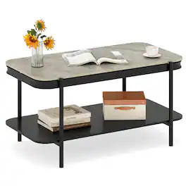 Costway - Rectangular Coffee Table, 2-Tier Center Table with Lower Shelf for Bedroom, Office - Gray,Black