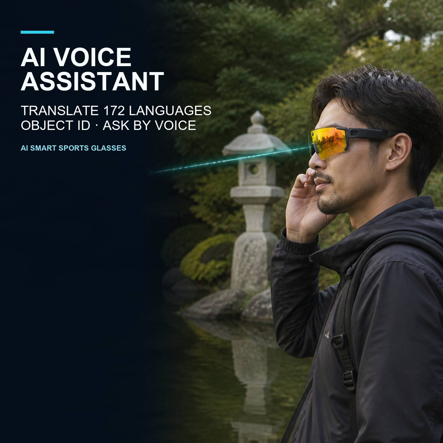 AI VOICE ASSISTANT  
TRANSLATE 172 LANGUAGES  
OBJECT ID • ASK BY VOICE  
AI SMART SPORTS GLASSES