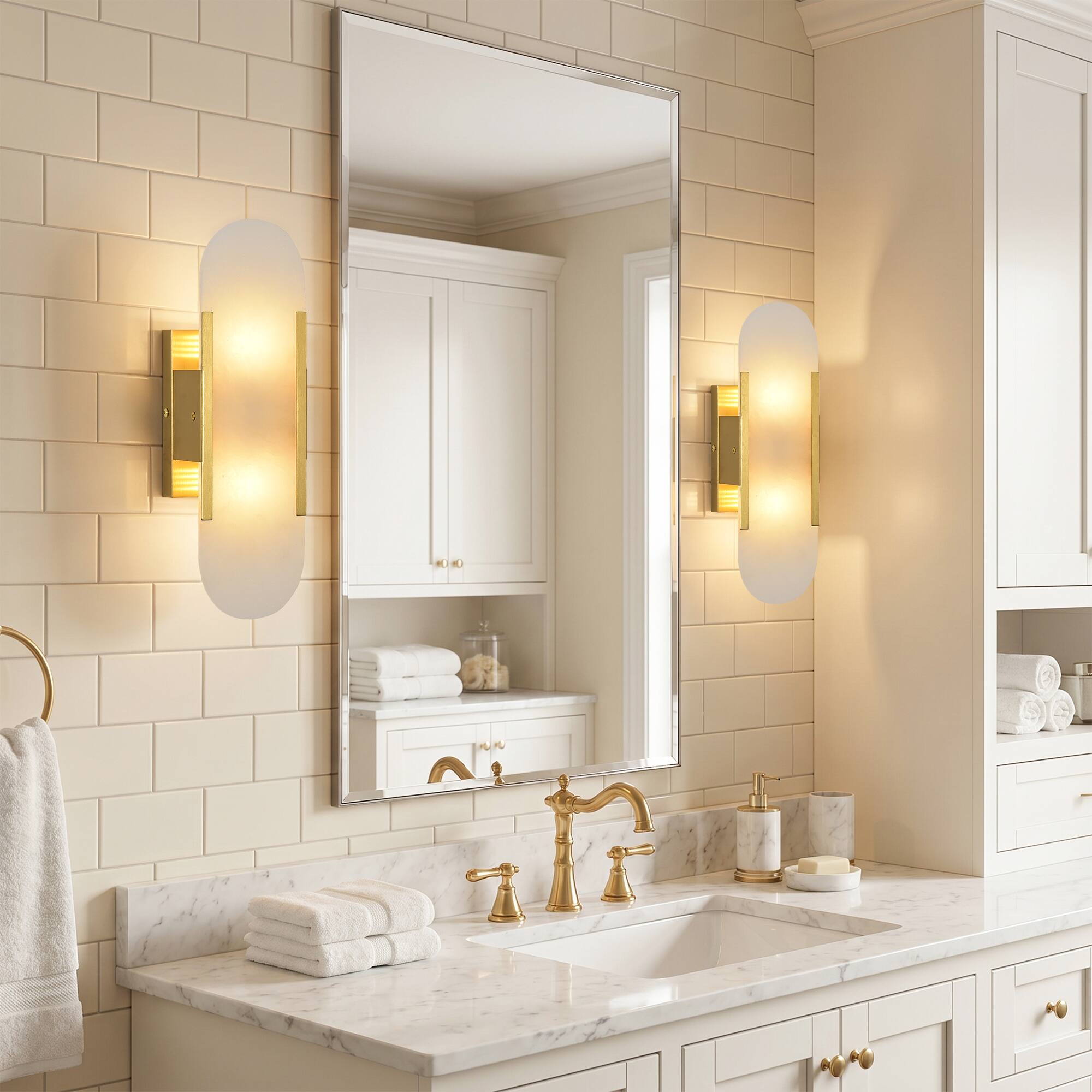Left. Parrot Uncle - Modern Metal Marble Shade 2 Light Wall Sconce Vanity Light Fixture for Living Room Bedroom Corridor - Gold.