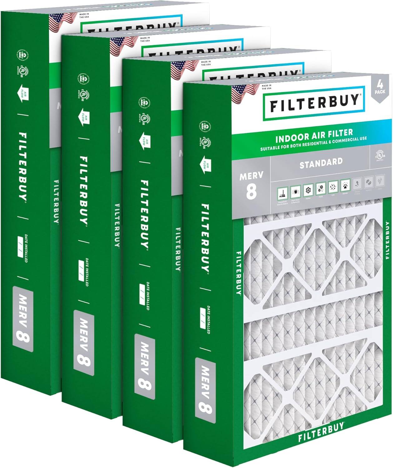 FILTERBUY  
INDOOR AIR FILTER  
SUITABLE FOR BOTH RESIDENTIAL & COMMERCIAL USE  
STANDARD  
MERV 8  
FILTERBUY  
DATE INSTALLED  
4 PACK