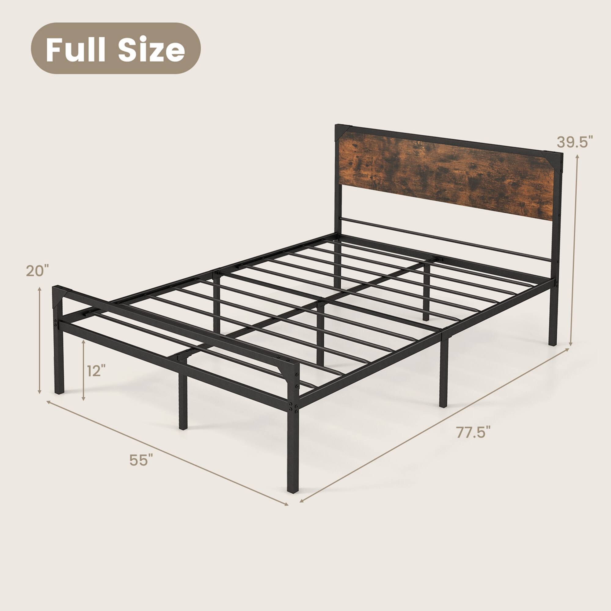 Alt View 2. Costway - Costway Platform Full Bed with Rustic Headboard & Footboard Strong Metal Slat Support - Rustic Brown,Black.