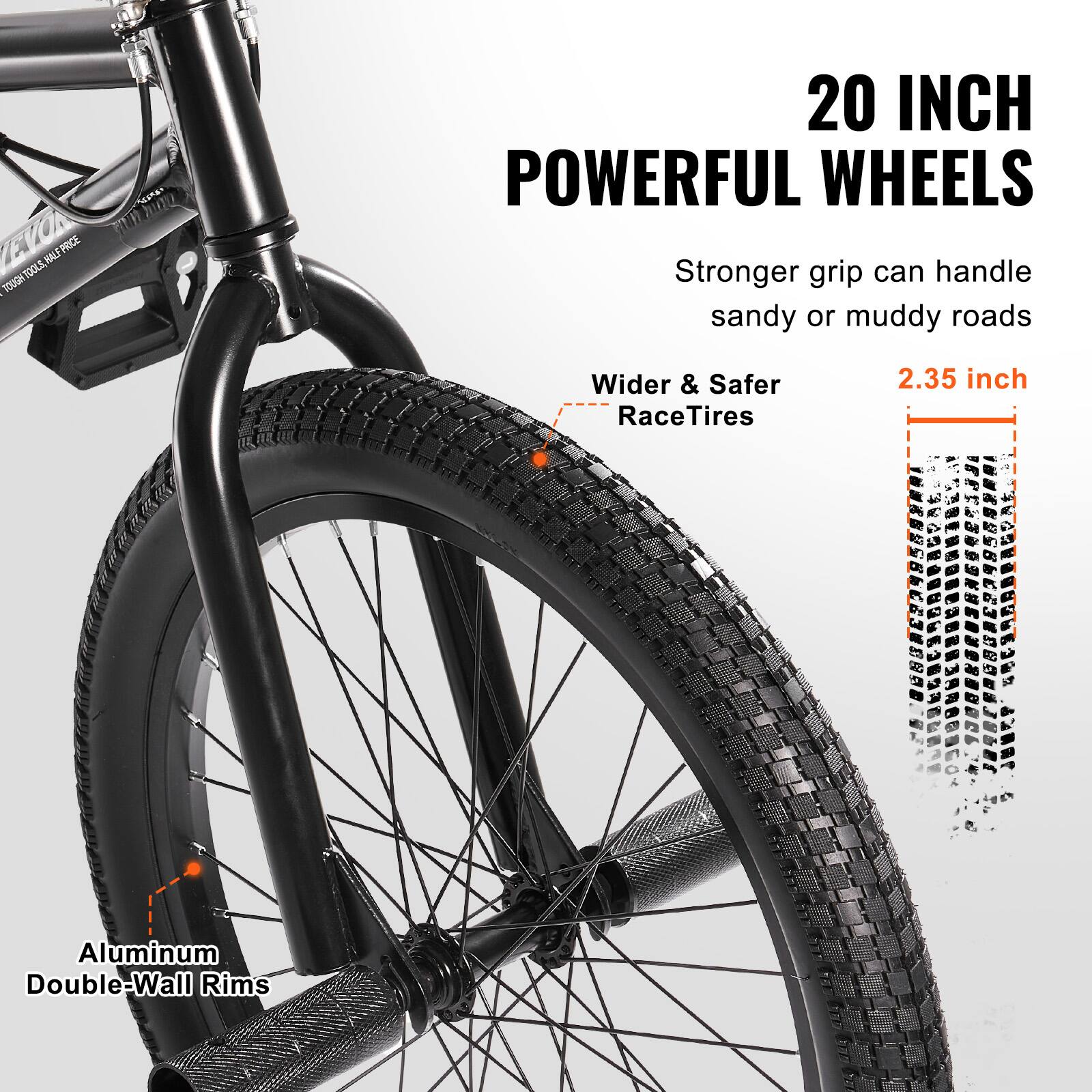 LEVOR TOOLS.HALFPRICE, TOUGH I 20 INCH POWERFUL WHEELS, Stronger grip can handle sandy or muddy roads, Wider & Safer RaceTires, 2.35 inch, Aluminum Double-Wall Rims