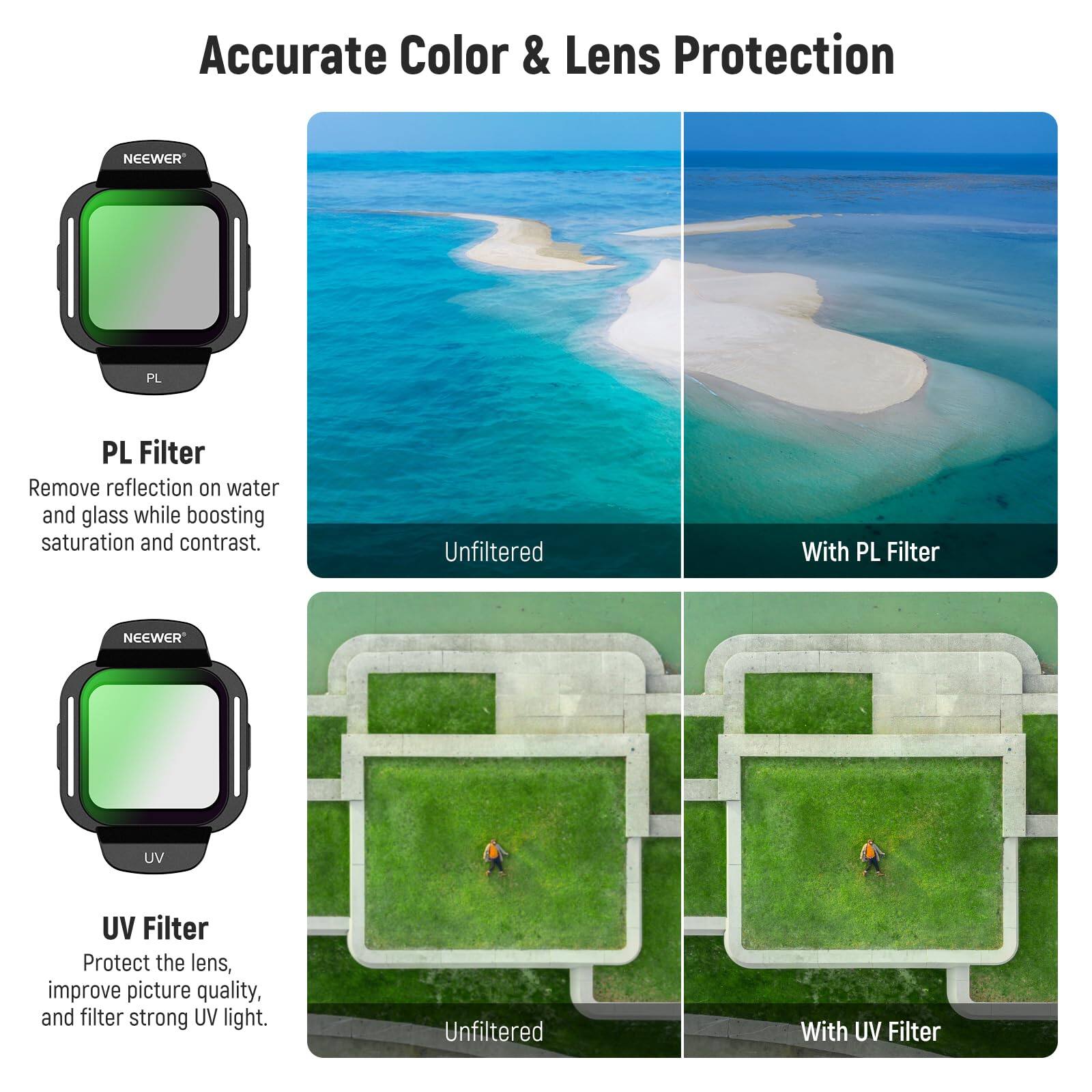 Accurate Color & Lens Protection

PL Filter  
Remove reflection on water and glass while boosting saturation and contrast.  
Unfiltered | With PL Filter

UV Filter  
Protect the lens, improve picture quality, and filter strong UV light.  
Unfiltered | With UV Filter