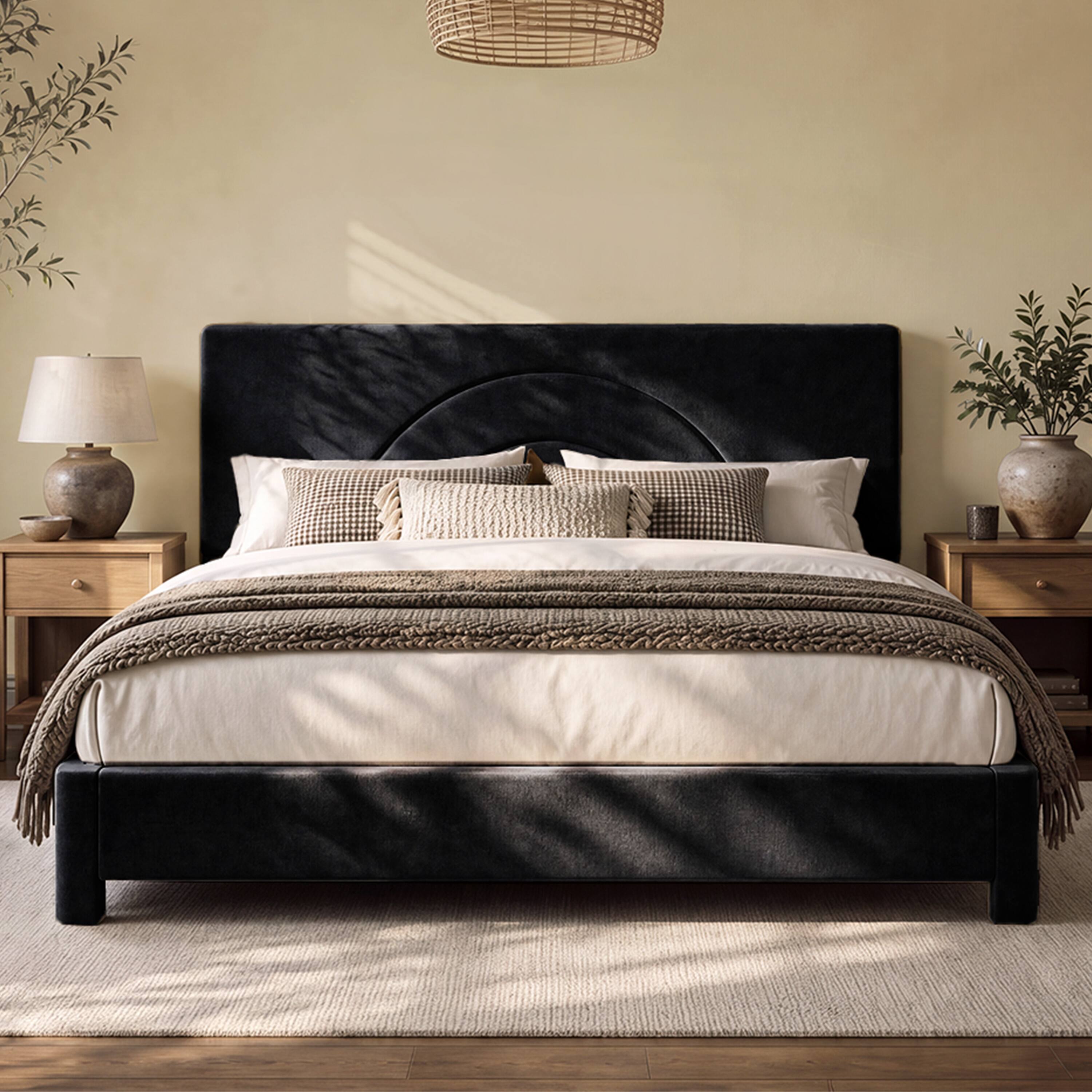 Vipbear Velvet Upholstered Bed Frame with Solid Wood Slats, Platform ...