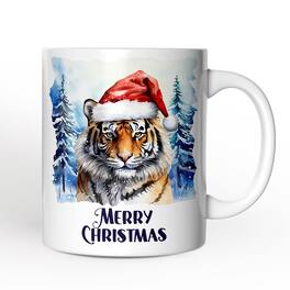 OrnamentallyYou - Tiger with Santa Hat Mug, Winter Forest Christmas Gift - White