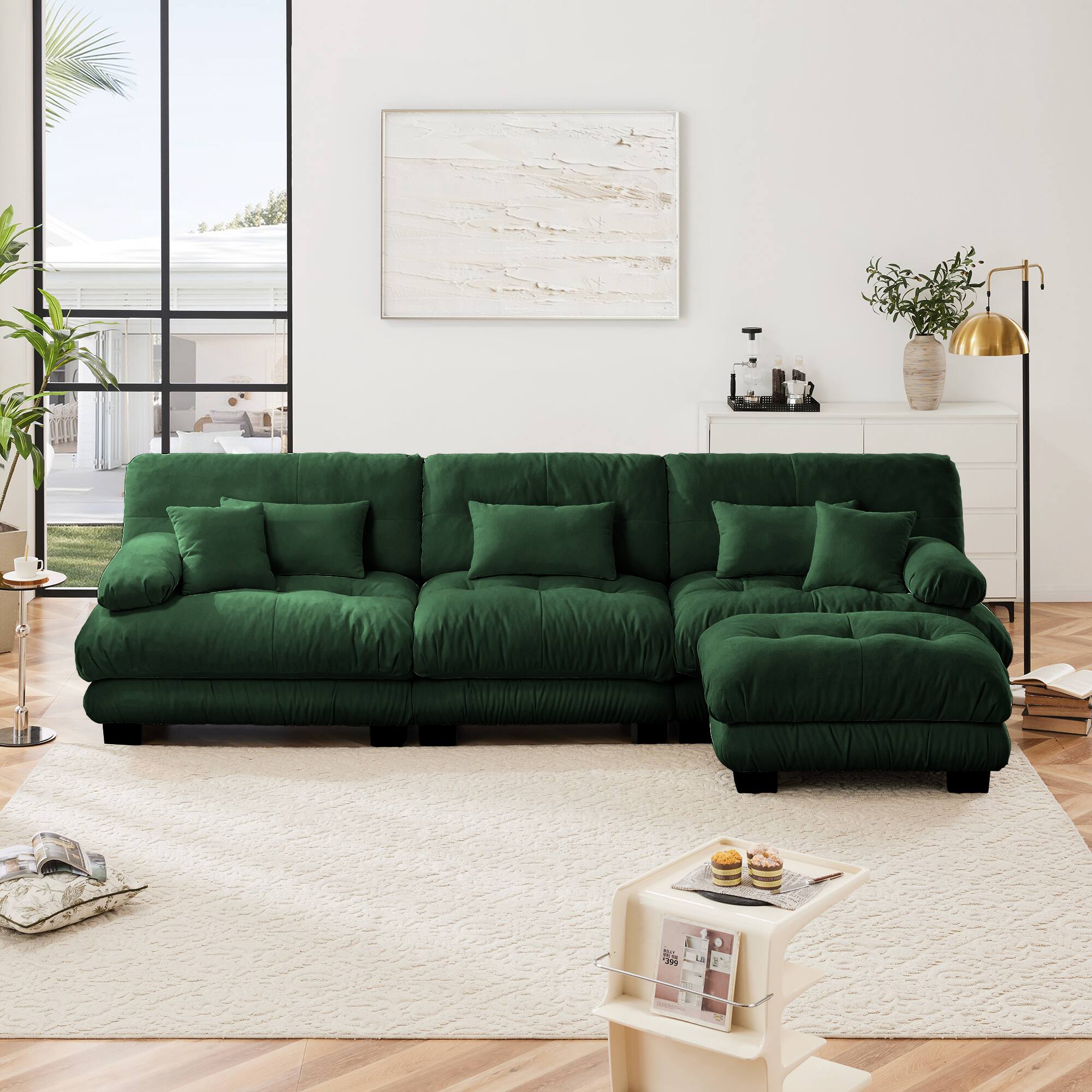 Front. Aukfa - Super Comfort Oversized Modular Velvet Sectional Sofa with Ottoman - Deep Seat Cloud Couch, L-Shaped for Living Room - Green.