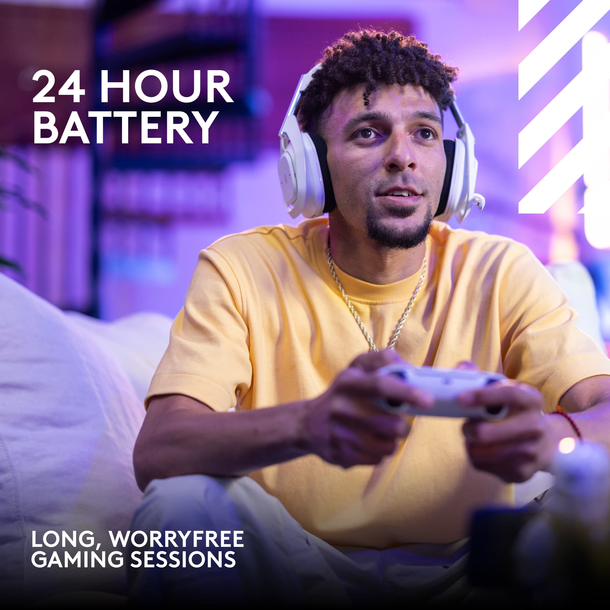 The image features a man wearing headphones and holding a video game controller, likely playing a game on a gaming console. The man is sitting on a couch, and there is a potted plant in the background. The image is promoting the idea of long, worry-free gaming sessions, as the man is wearing headphones, which can help him immerse himself in the game without disturbing others or being disturbed by external noises.