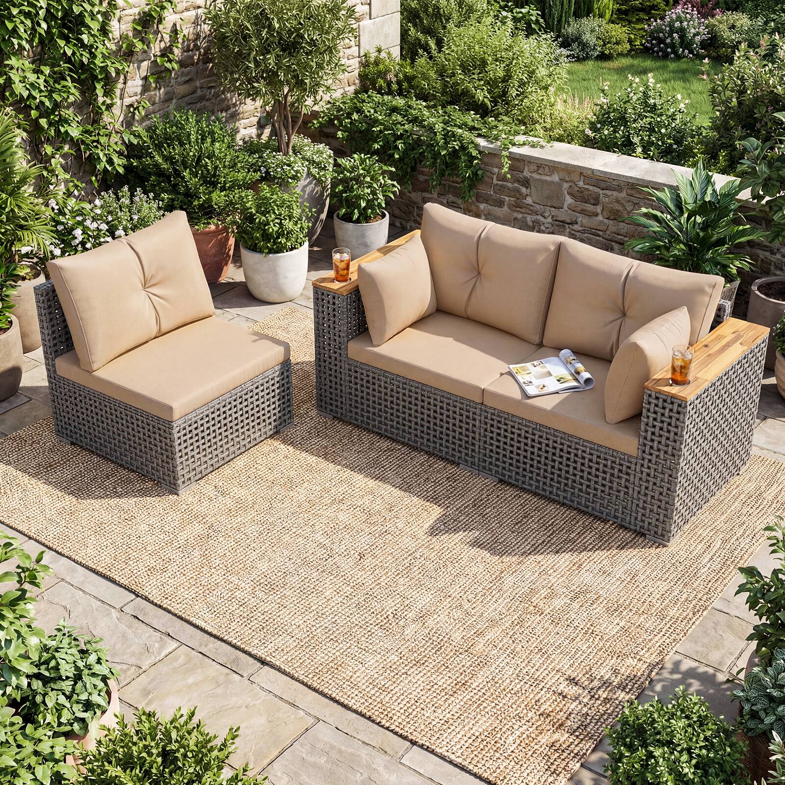 Alt View 3. Costway - Costway Patio Wicker Sectional Furniture Set, 3 Piece Outdoor Couch Set for Garden - Beige.