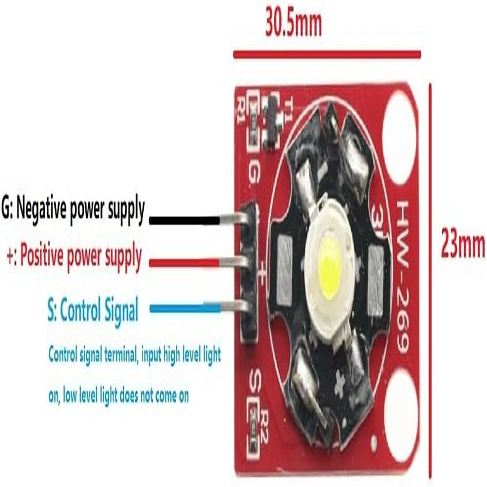 30.5mm  
HW-269  
23mm  

G: Negative power supply  
+: Positive power supply  
S: Control Signal  
Control signal terminal, input high level light on, low level light does not come on  

R1  
R2