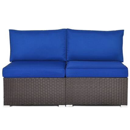 Front. Kadyn - 2 Pcs Patio Rattan Armless Sofa Set with 2 Cushions and 2 Pillows-Navy, Patio Seating Conversation Set - Blue.