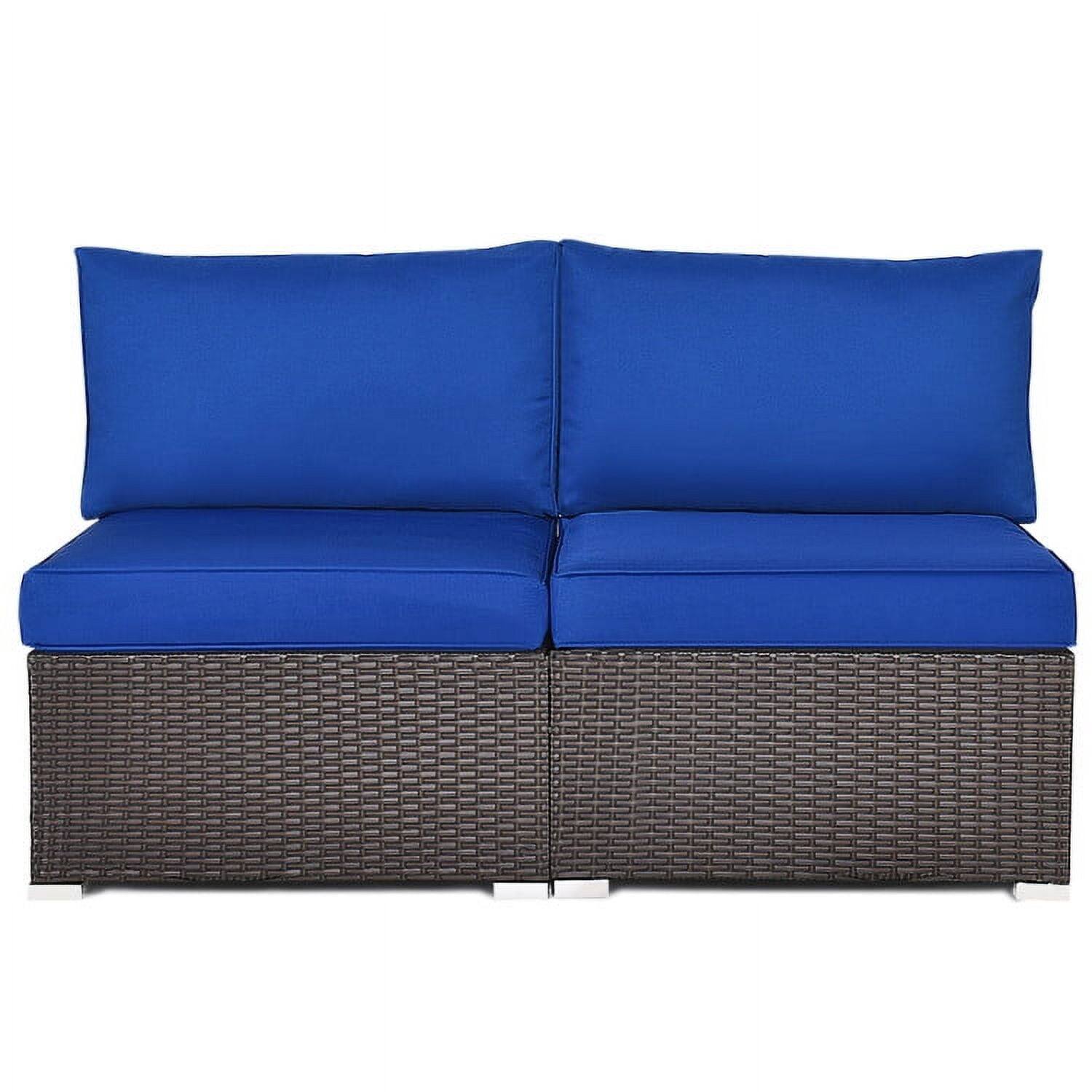 Front. Kadyn - 2 Pcs Patio Rattan Armless Sofa Set with 2 Cushions and 2 Pillows-Navy, Patio Seating Conversation Set - Blue.