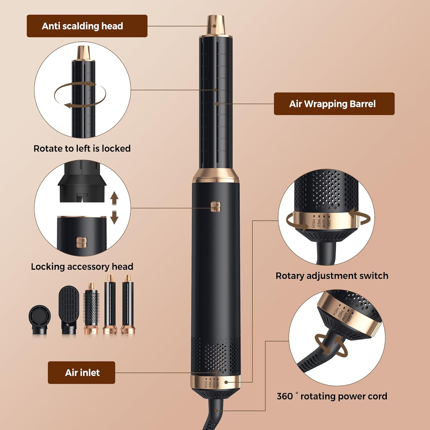 Anti scalding head  
Air Wrapping Barrel  
Rotate to left is locked  
Locking accessory head  
Rotary adjustment switch  
Air inlet  
360° rotating power cord