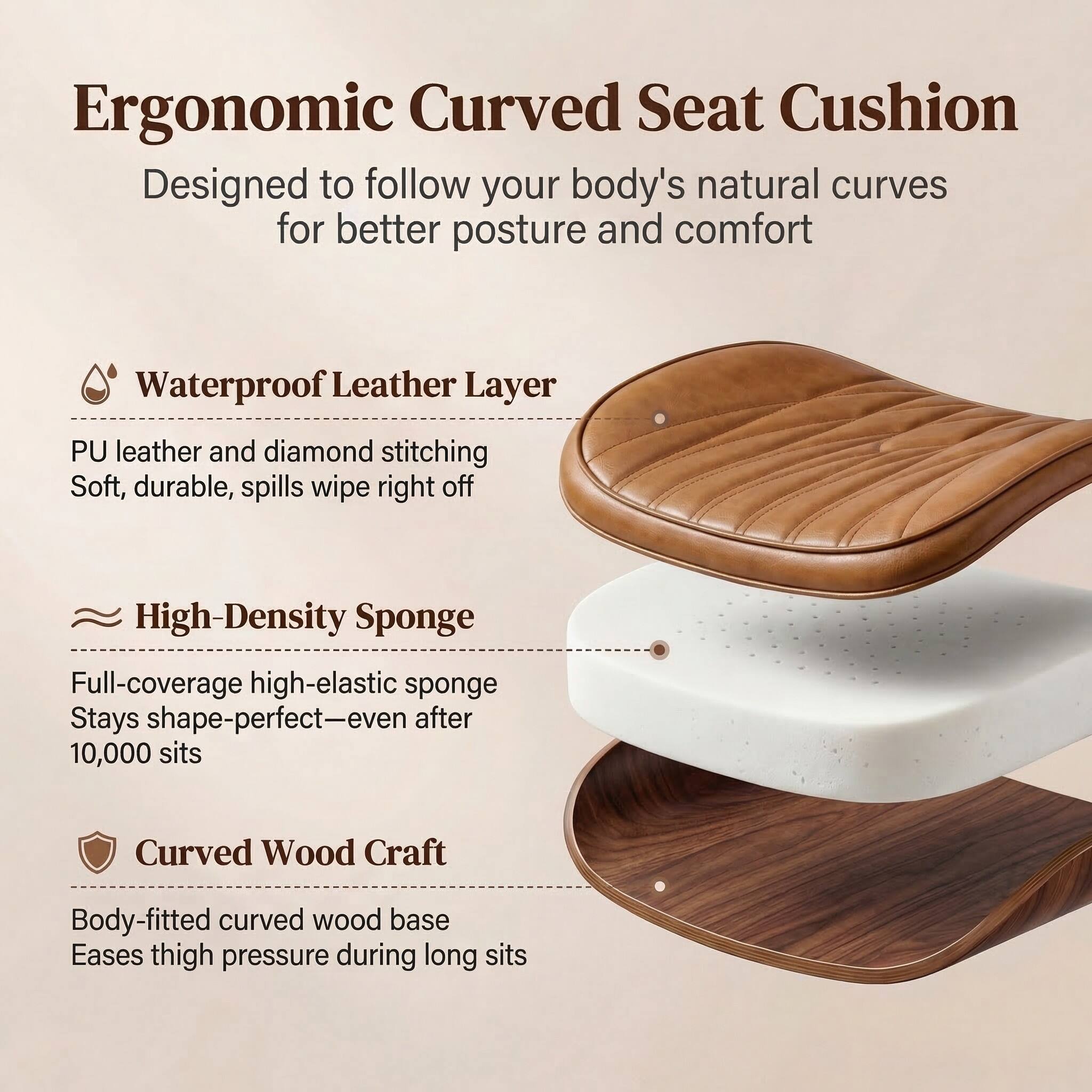 Ergonomic Curved Seat Cushion  
Designed to follow your body's natural curves for better posture and comfort  

Waterproof Leather Layer  
PU leather and diamond stitching  
Soft, durable, spills wipe right off  

High-Density Sponge  
Full-coverage high-elastic sponge  
Stays shape-perfect—even after 10,000 sits  

Curved Wood Craft  
Body-fitted curved wood base  
Eases thigh pressure during long sits