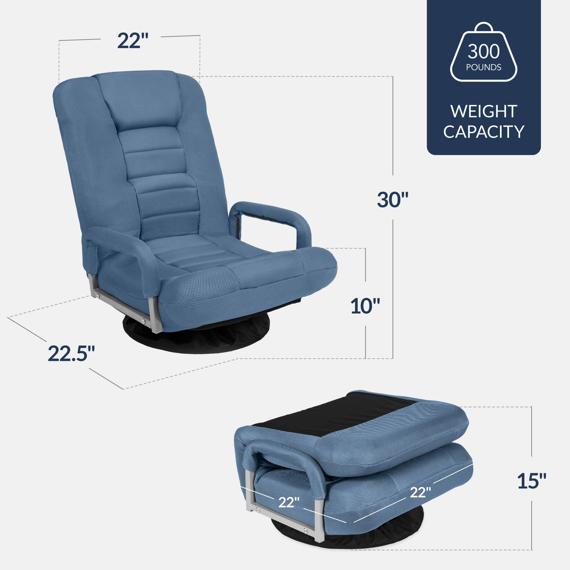 - 22" (Width)
- 30" (Depth)
- 10" (Height)
- 22.5" (Seat Depth)
- 15" (Armrest Height)
- 22" (Seat Width)
- 22" (Seat Depth)
- 300 Pounds Weight Capacity
