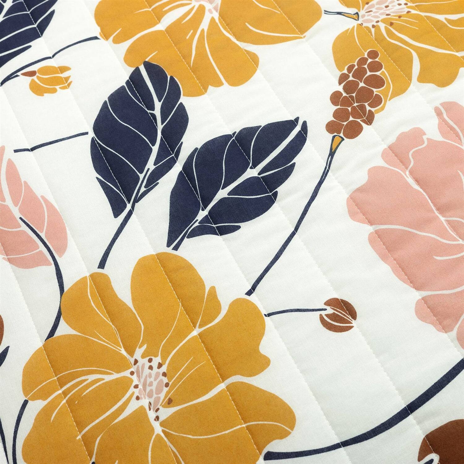 Back. Hivvago - Twin/Twin XL Orange Yellow Pink Navy Blue Floral Flowers Lightweight Quilt Set - Yellow ,Pink ,Navy Blue.