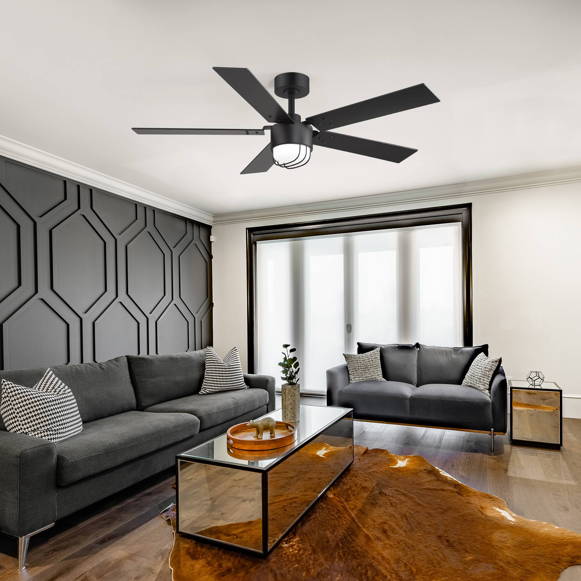 Left. Breezary - 52-Inch Modern Ceiling Fan with LED Light & Remote, 6'' Downrod, 5 Reversible Blades, 6-Speed DC Motor, Timer, 6-Speed - black.